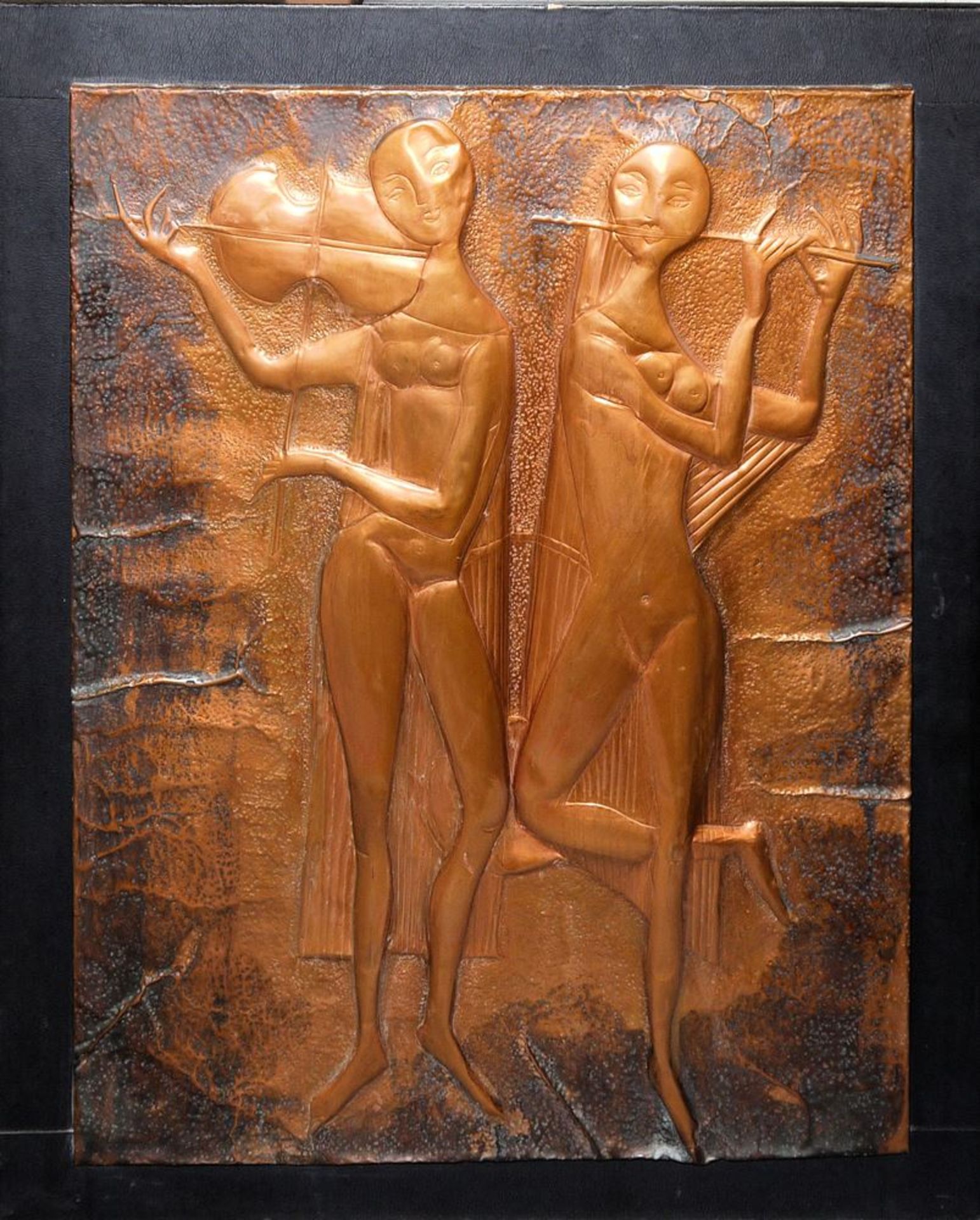 Jenö Korondi, Zwei musizierende weibliche Akte, Relief, 1960er Jahre, gerahmt