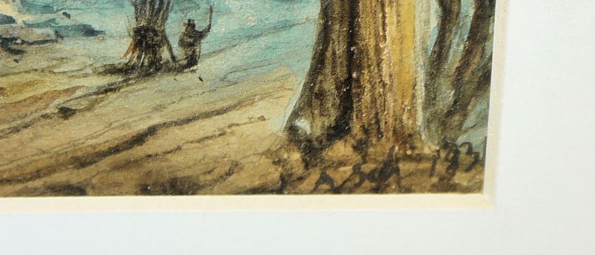 Monogrammist A. Sch., Lichte Waldlandschaft mit Reisigsammlern u. Köhlerhütte, Aquarell von 1834, - Bild 3 aus 3