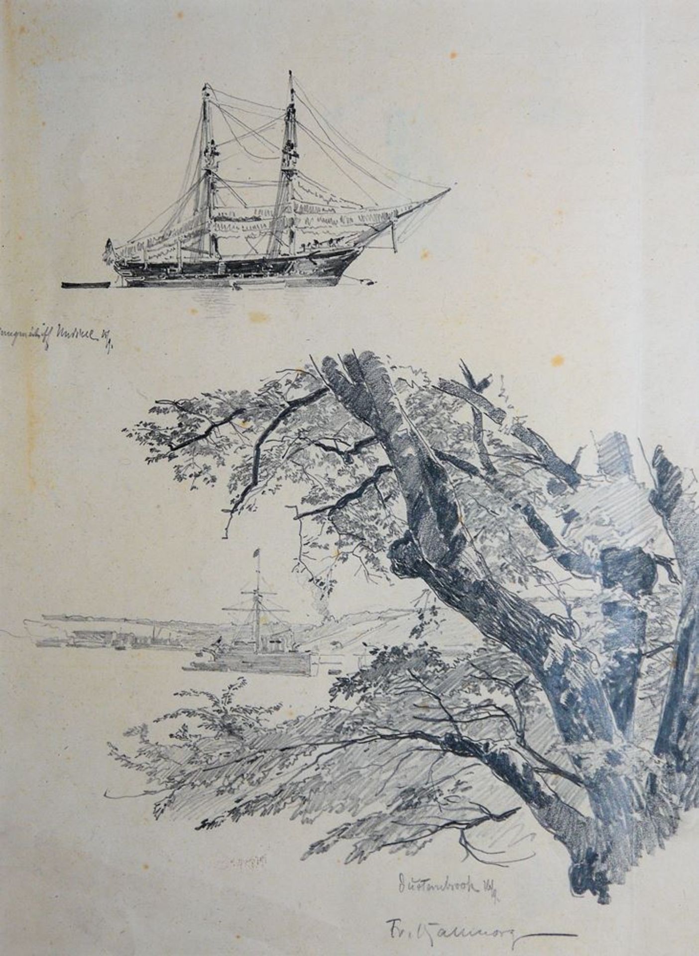Friedrich Kallmorgen, "Düsternbrook", Schiffe, Zeichnung, gerahmt - Image 2 of 3