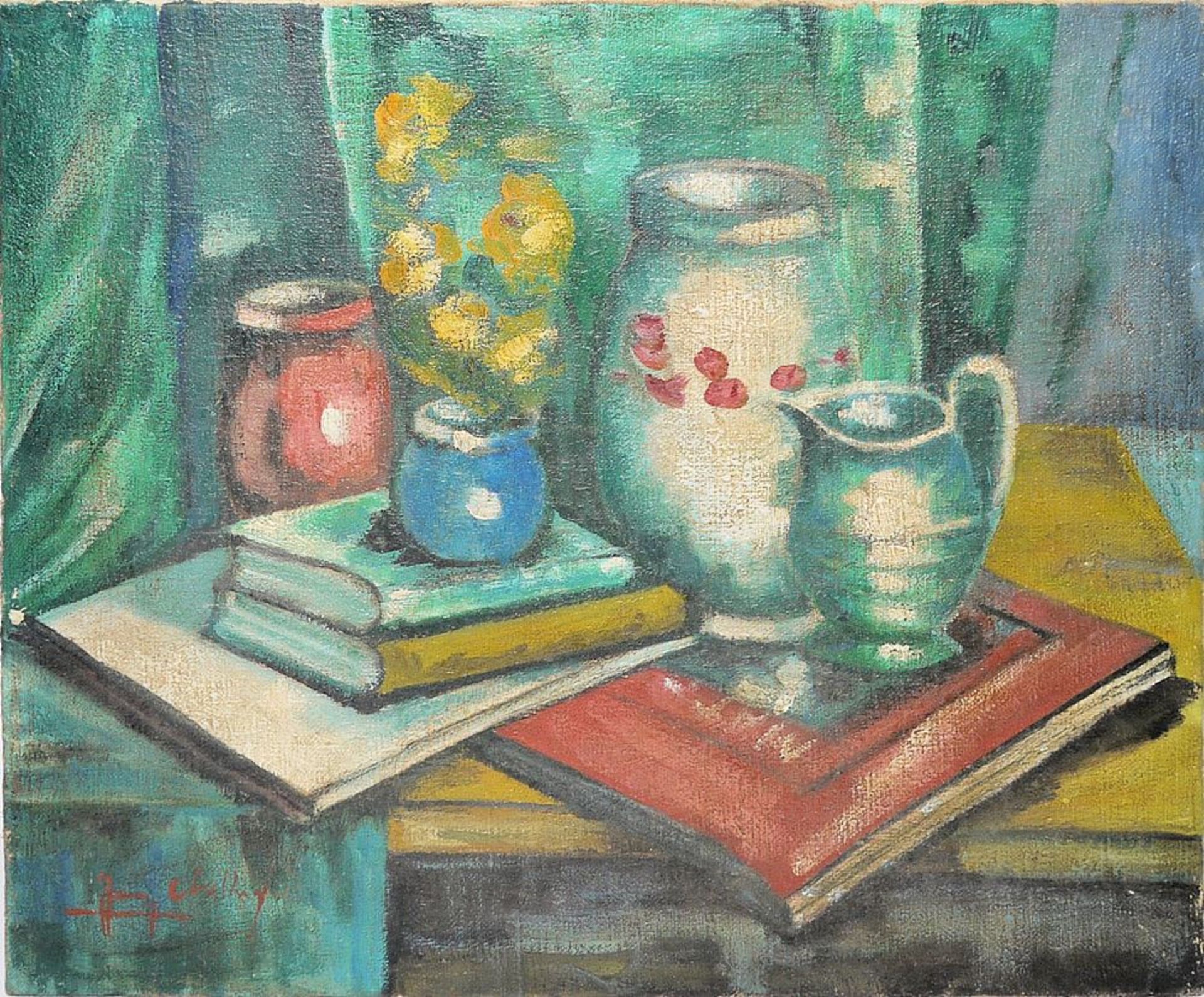 Jean Cheller, Stillleben mit Vasen und Büchern, signiertes Ölgemälde, o. Rahmen
