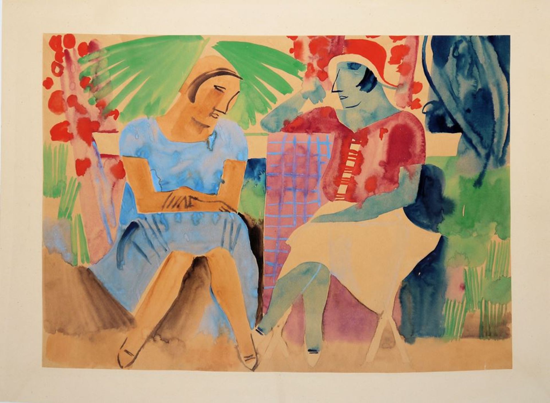 Anonym, 1920er Jahre, Zwei Frauen im Gespräch, Aquarell