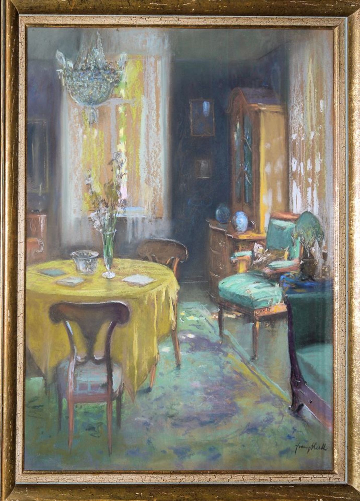 Franz Huth, "Mein Heim!", Interieur Wohnzimmer, Pastell, gerahmt