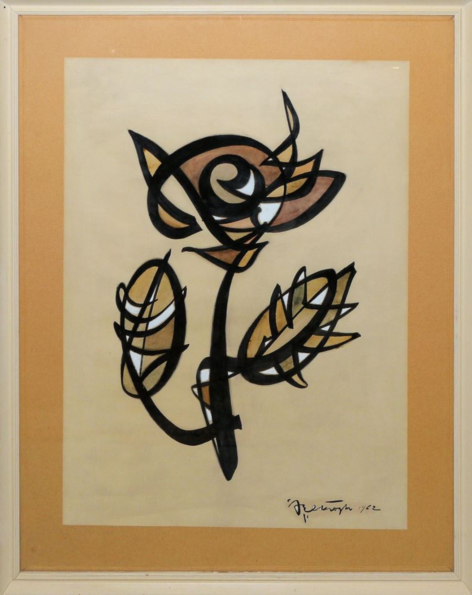 Abidin Elderoglu, Kalligraphische Komposition, Mischtechnik von 1962, alte Rahmung