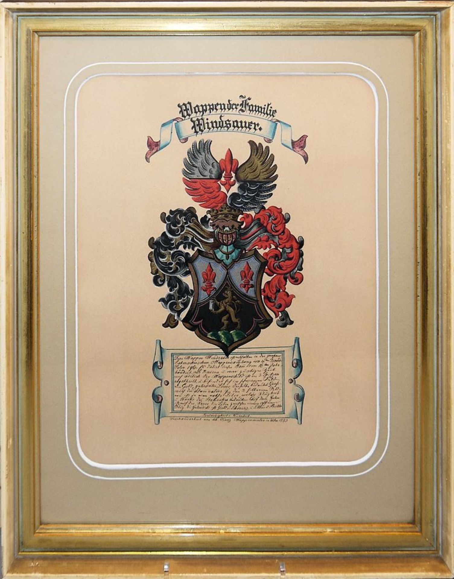 Wappenring, Gold & Wappen der Familie Windsauer, gemalt, von 1883, gerahmt