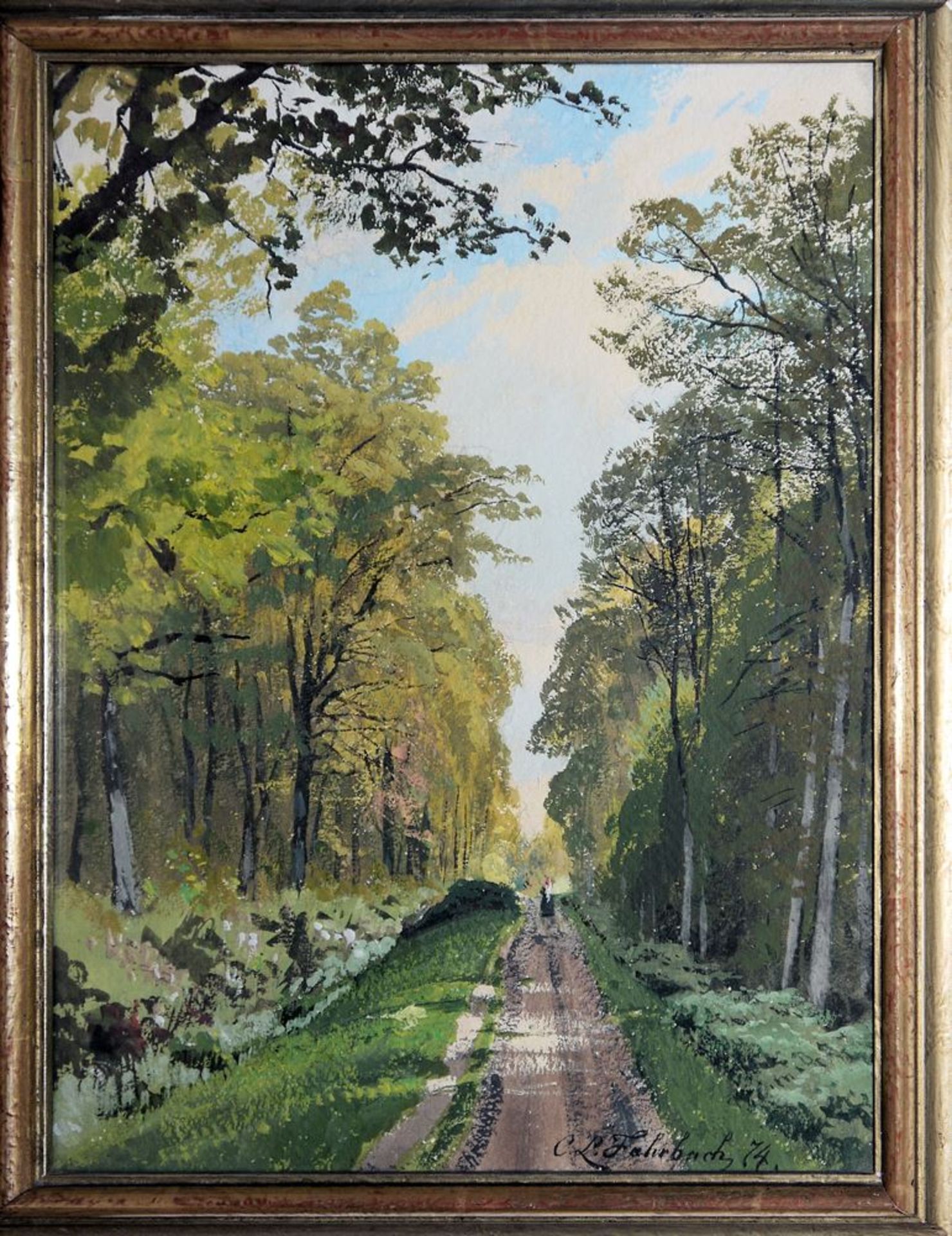 Carl Ludwig Fahrbach, Schattiger Waldweg mit Figurenstaffage, Gouache von (18)74, gerahmt