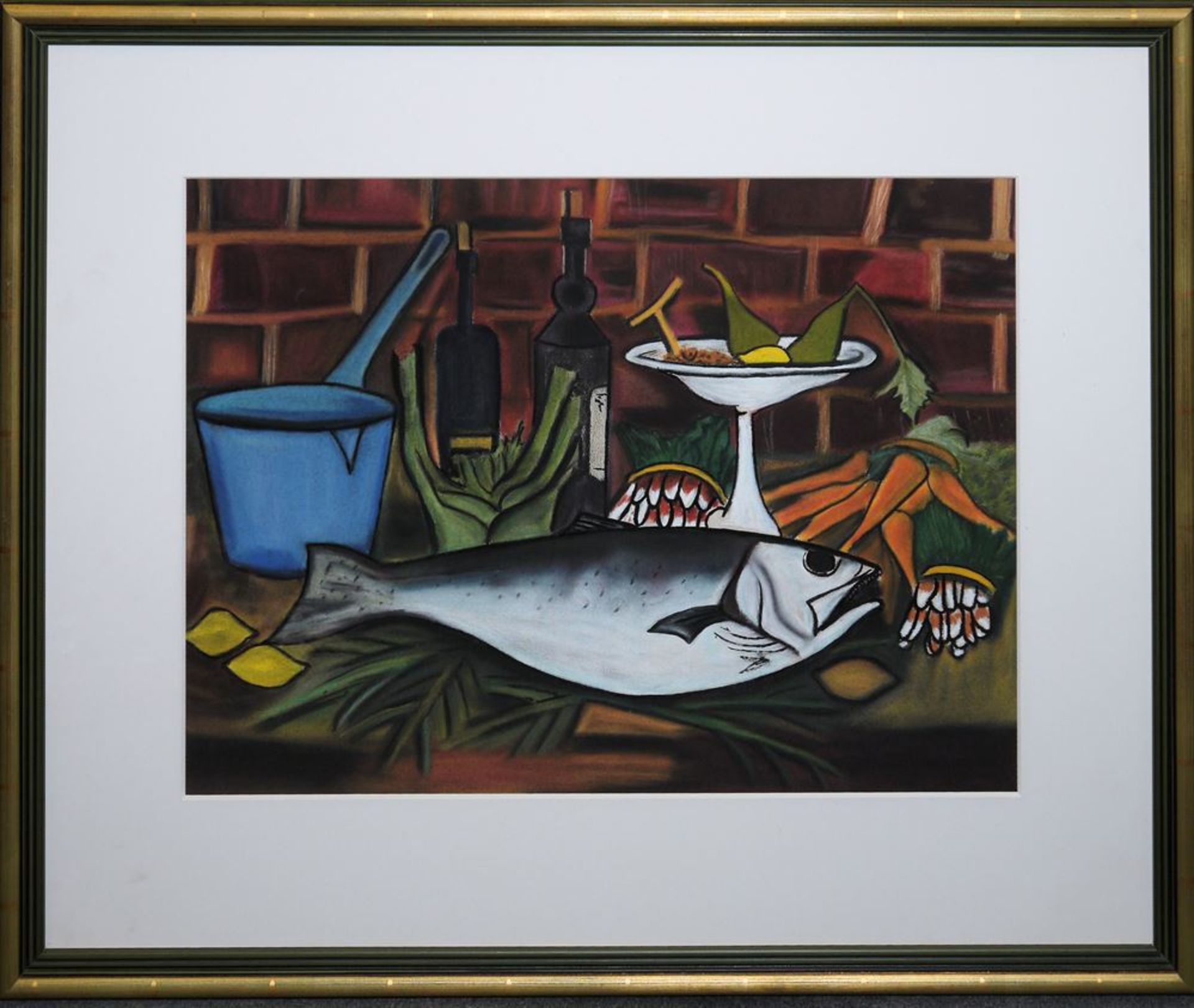 Bernard Buffet-Interpret, Stillleben mit Fisch und Küchenutensilien, Pastell, ansprechend