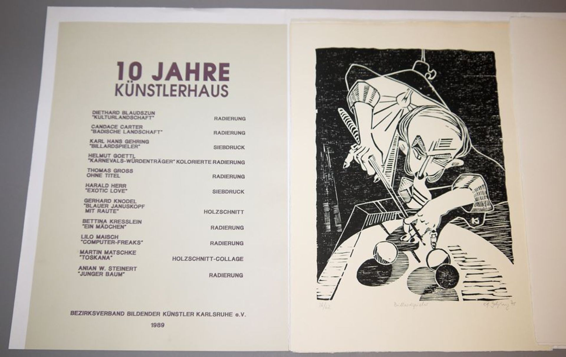 Grafikmappe mit 10 Blättern, 10 Jahre Künstlerhaus, Karlsruhe 1989, u.a. Helmut Goettl, Gerhard