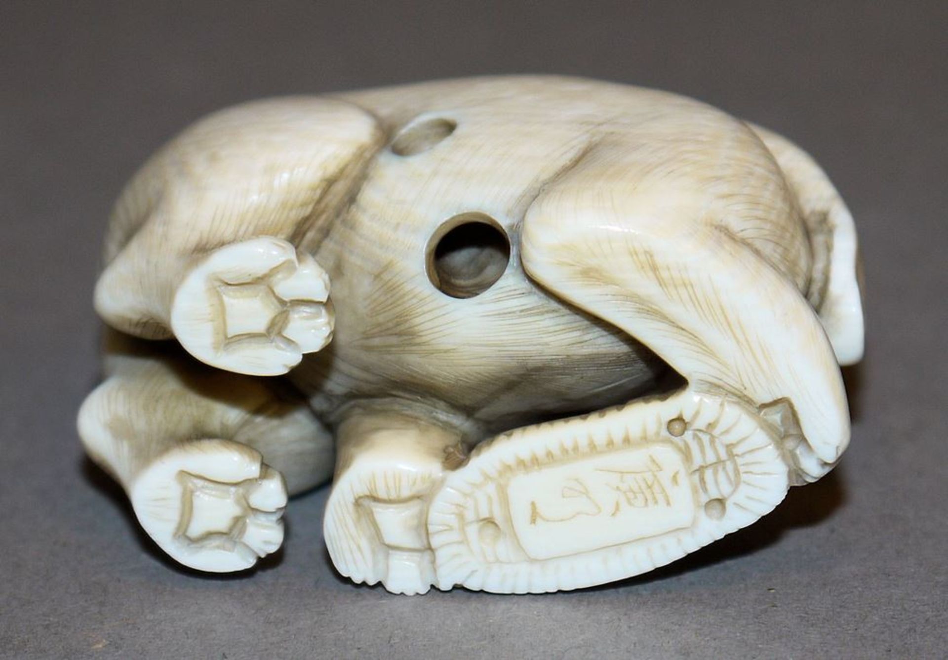 Hündchen mit Sandale, japanische Elfenbein-Netsuke - Bild 2 aus 2