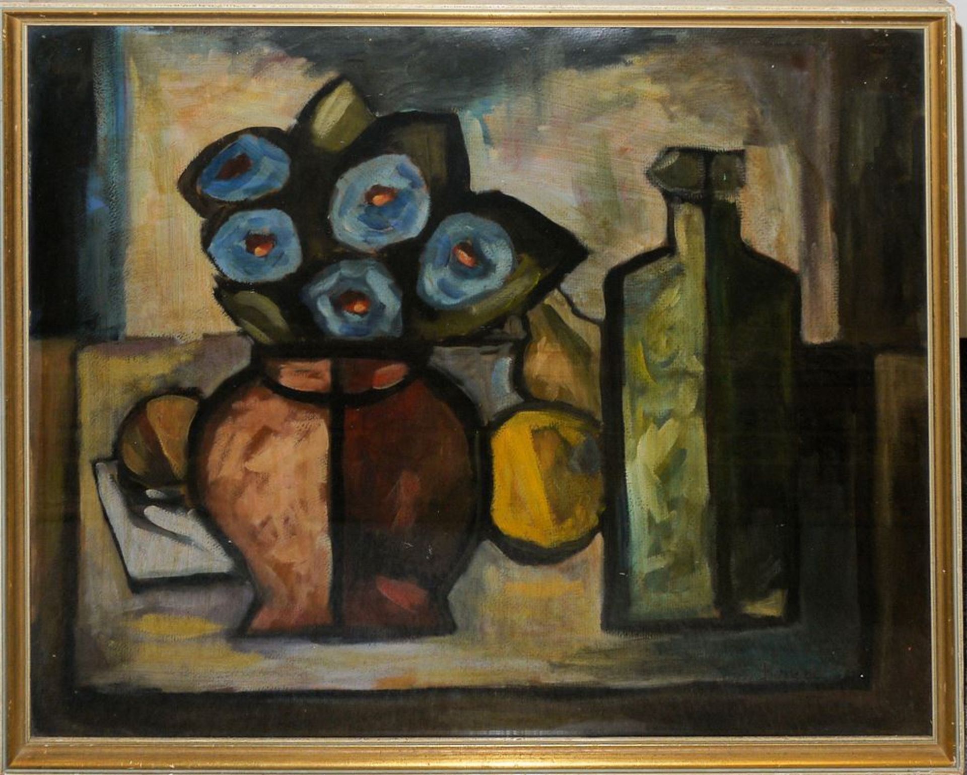 Aldo Bonadei, Stillleben mit Blumen, Früchten und einer Flasche ( Bodegón con flores, frutas y una