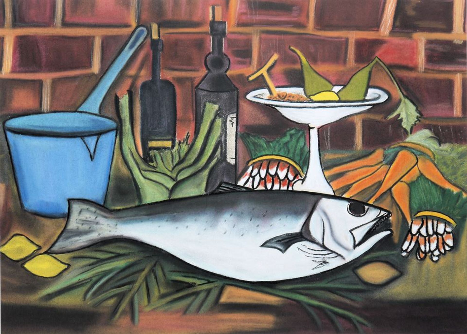 Bernard Buffet-Interpret, Stillleben mit Fisch und Küchenutensilien, Pastell, ansprechend - Bild 2 aus 2