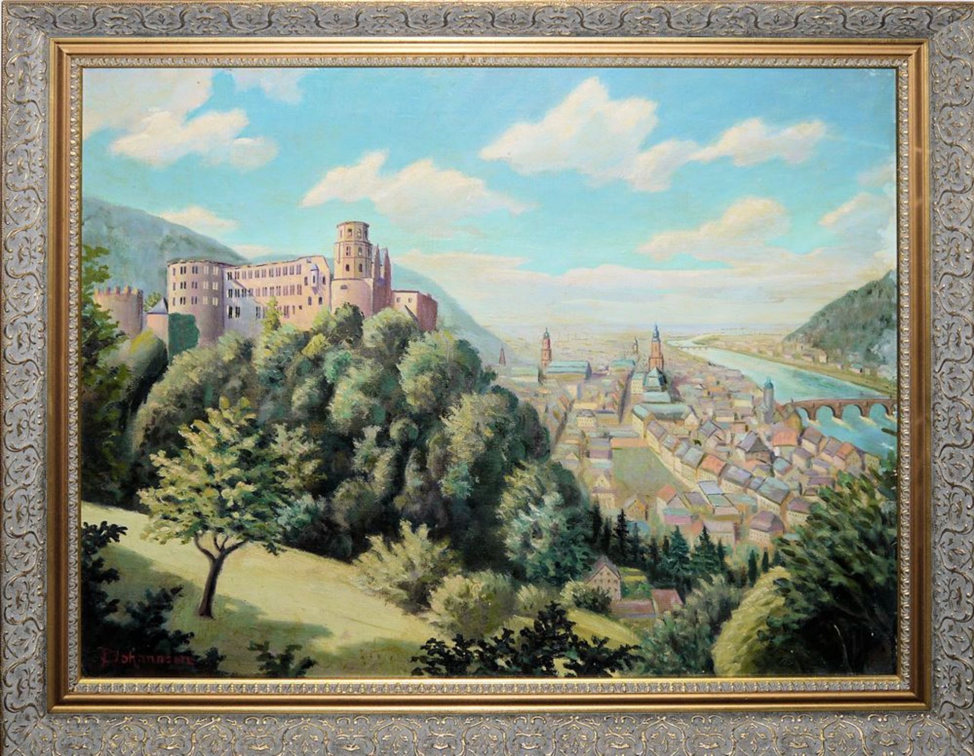 P. Johannsen, Heidelberger Schloss mit Altstadt & Magische Bäume an einem See, zwei Ölgemälde um - Bild 3 aus 4