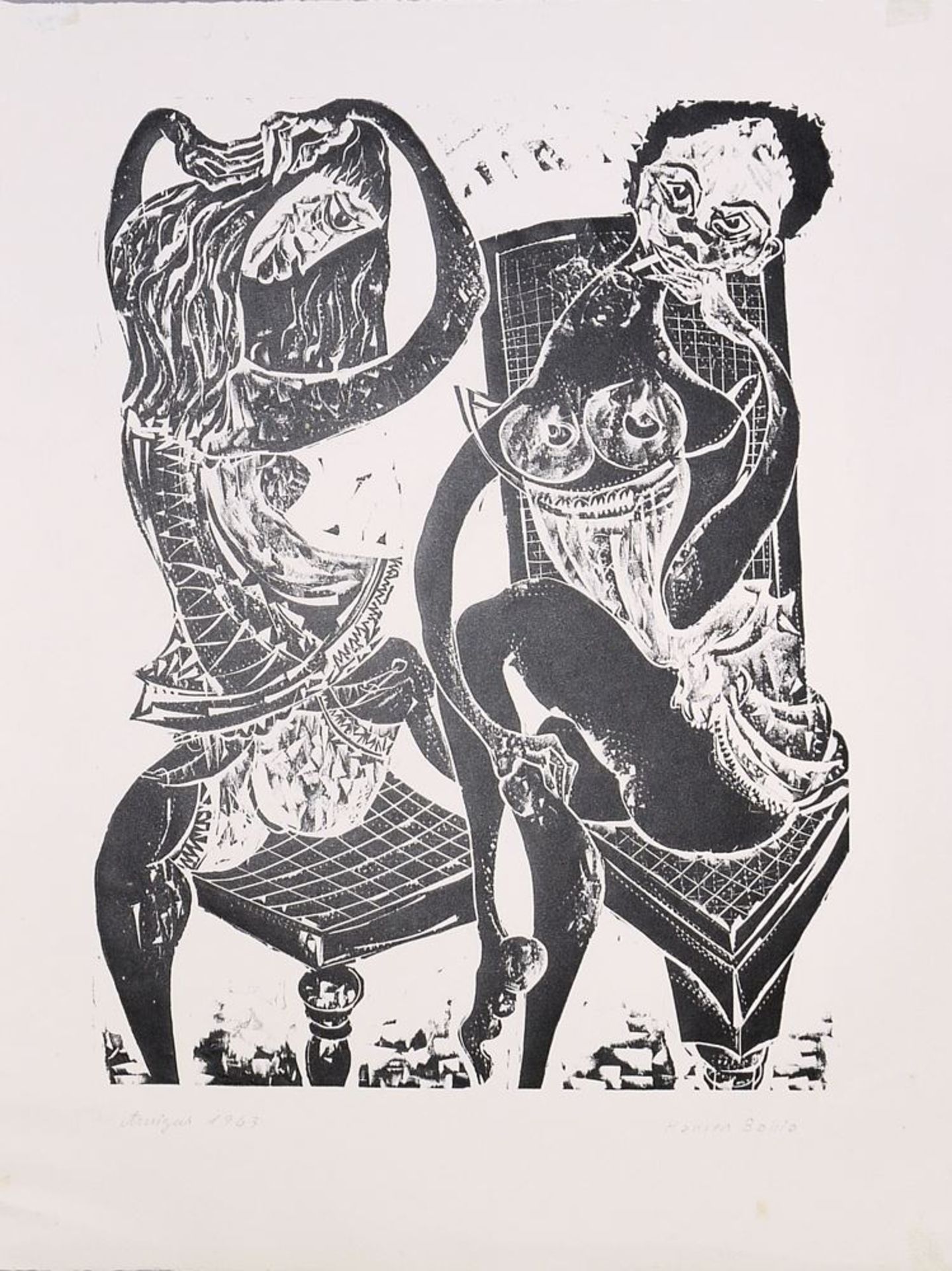 Karl-Heinz Hansen-Bahia, "Amigas", Holzschnitt von 1963 & Wladimir Zabotin, Zwei weibliche Akte, - Bild 4 aus 5