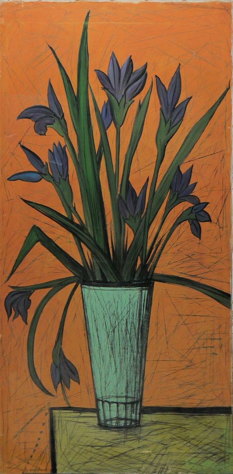 Bernard Buffet-Interpret, BB monogrammierend, Stillleben mit blauen Lilien, Ölgemälde