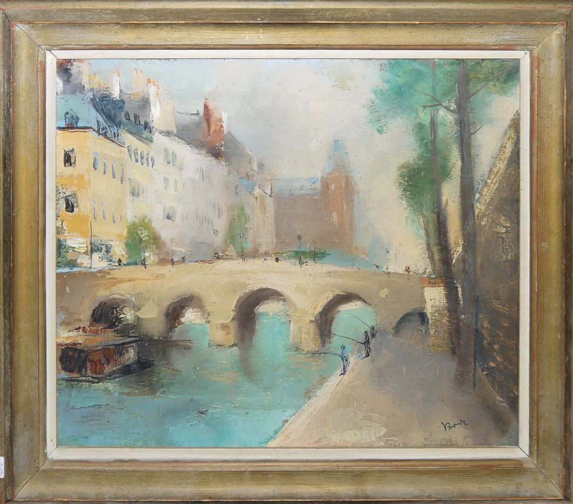 Adolf Bode, Brücke mit Anglern, Ölgemälde, gerahmt