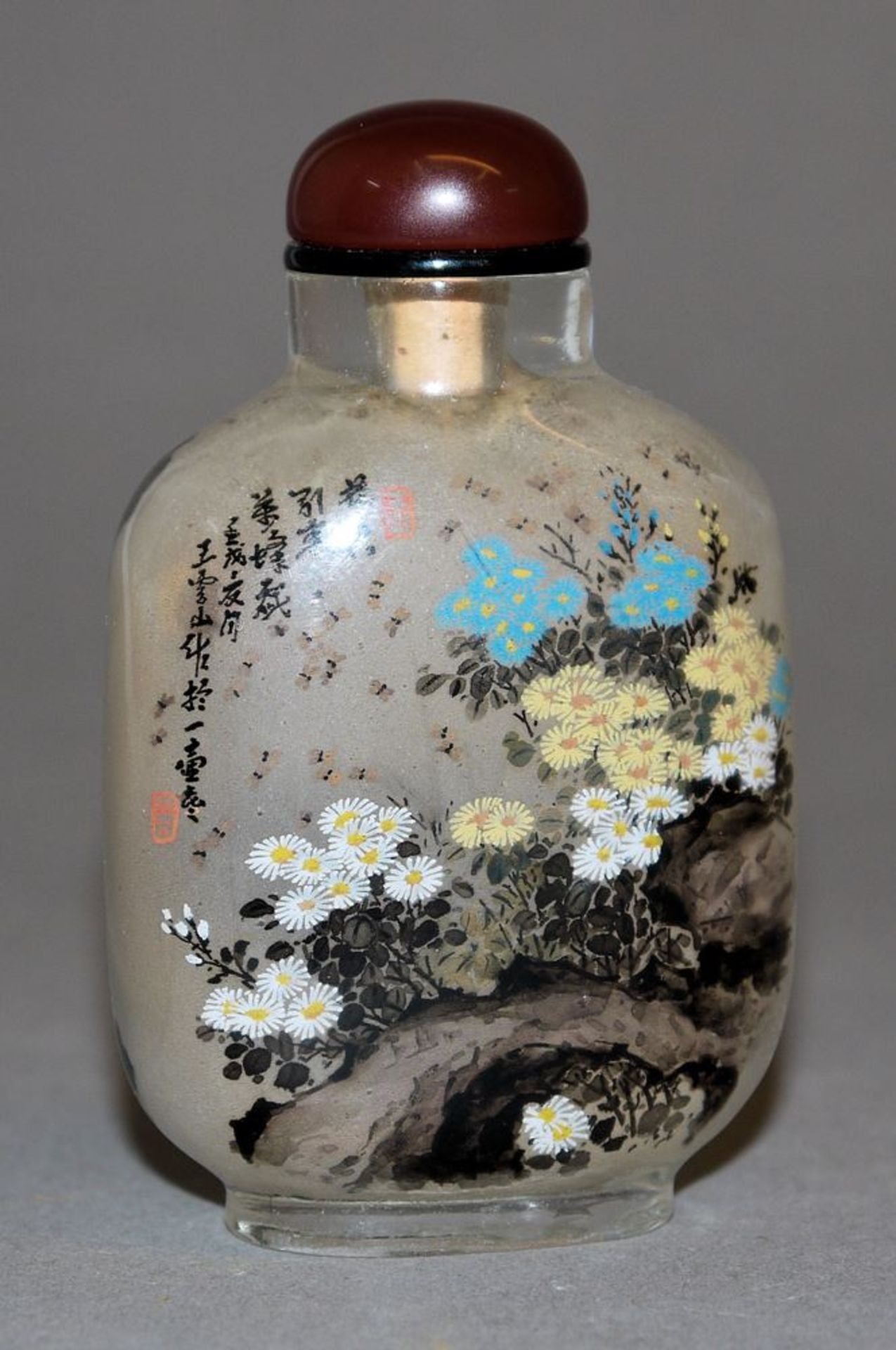 Snuffbottle mit Hinterglasmalerei von Wang Xiacheng, China 1982