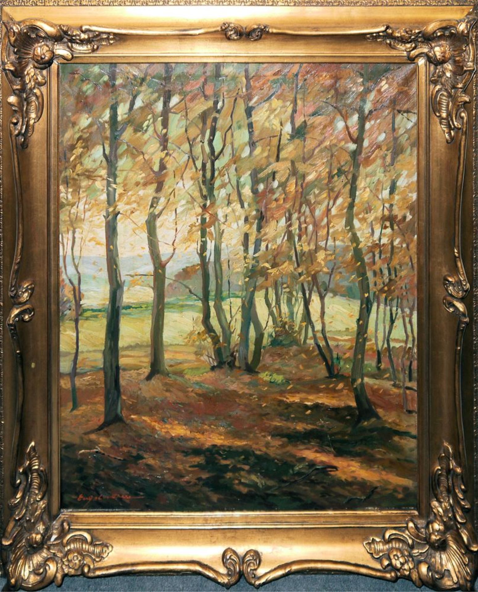 Engelmann 1. H. 20. Jh., Herbstwald, großes Ölgemälde in prächtigem Goldstuckrahmen