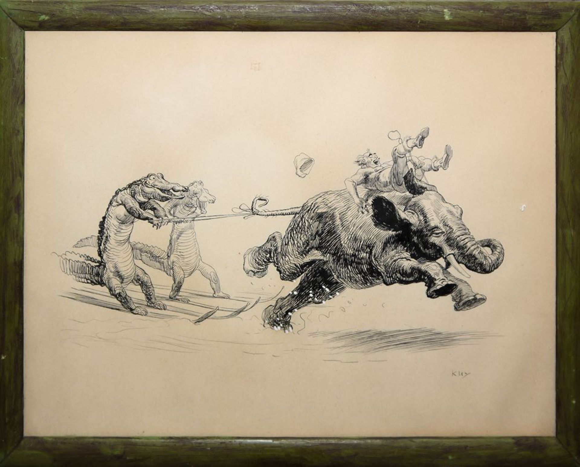Heinrich Kley, "Skikjorning", humoristische Federzeichnung um 1900