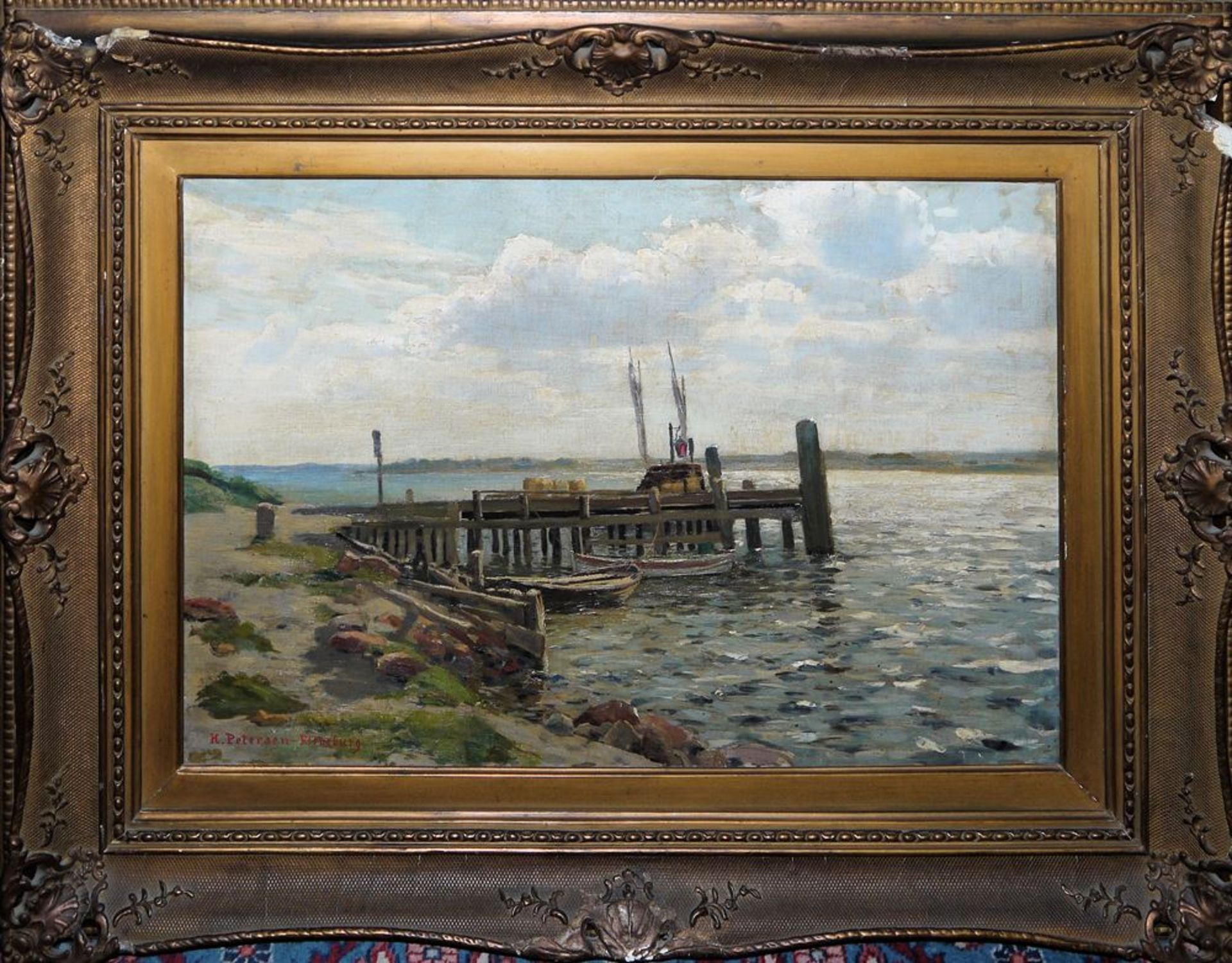 Heinrich Petersen-Flensburg, Küste mit Anlegesteg, Ölgemälde, im originalen Stu