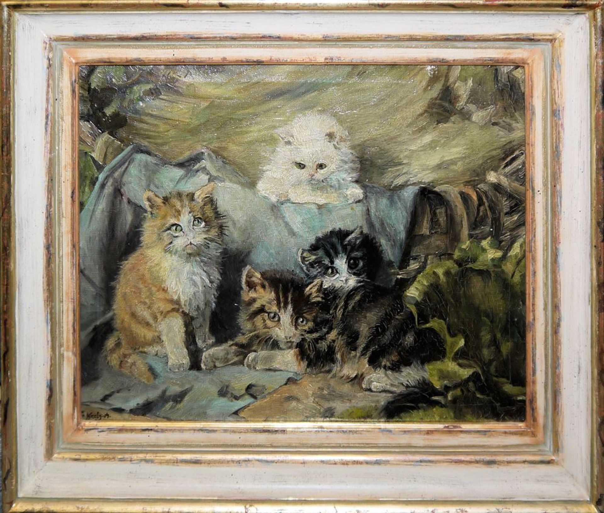 Krebs, Katzen, signiertes Ölgemälde von 1909, gerahmt