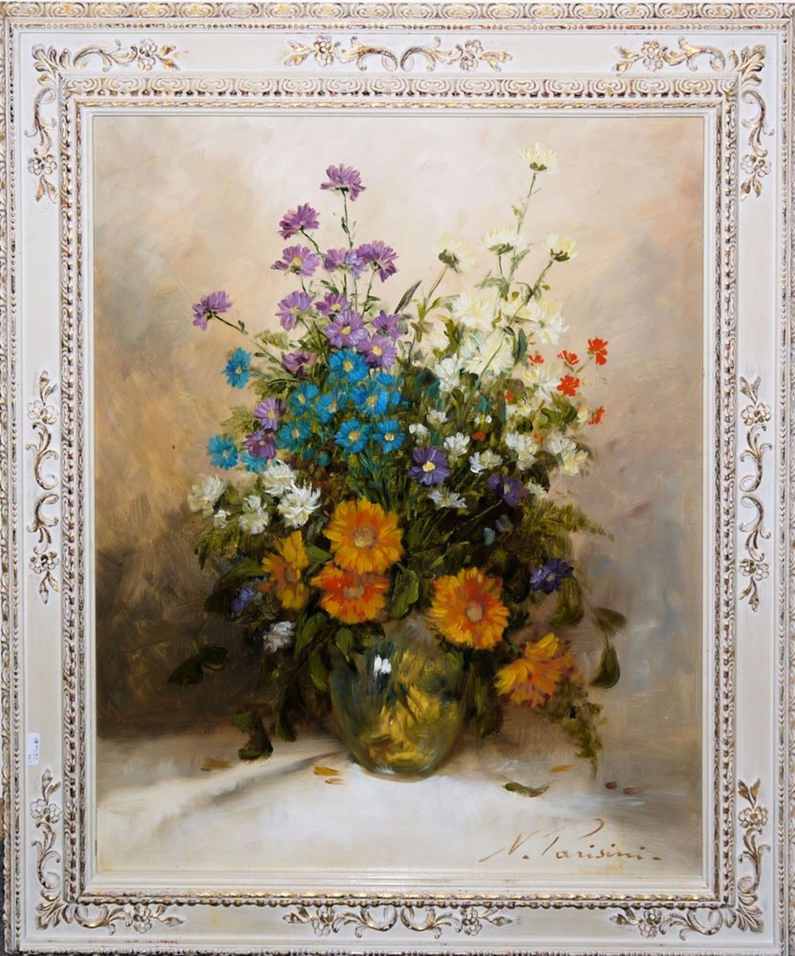 Nicole Parisini, "Bunter Blumenstrauß in Glaskugelvase", Ölgemälde, prachtvolle