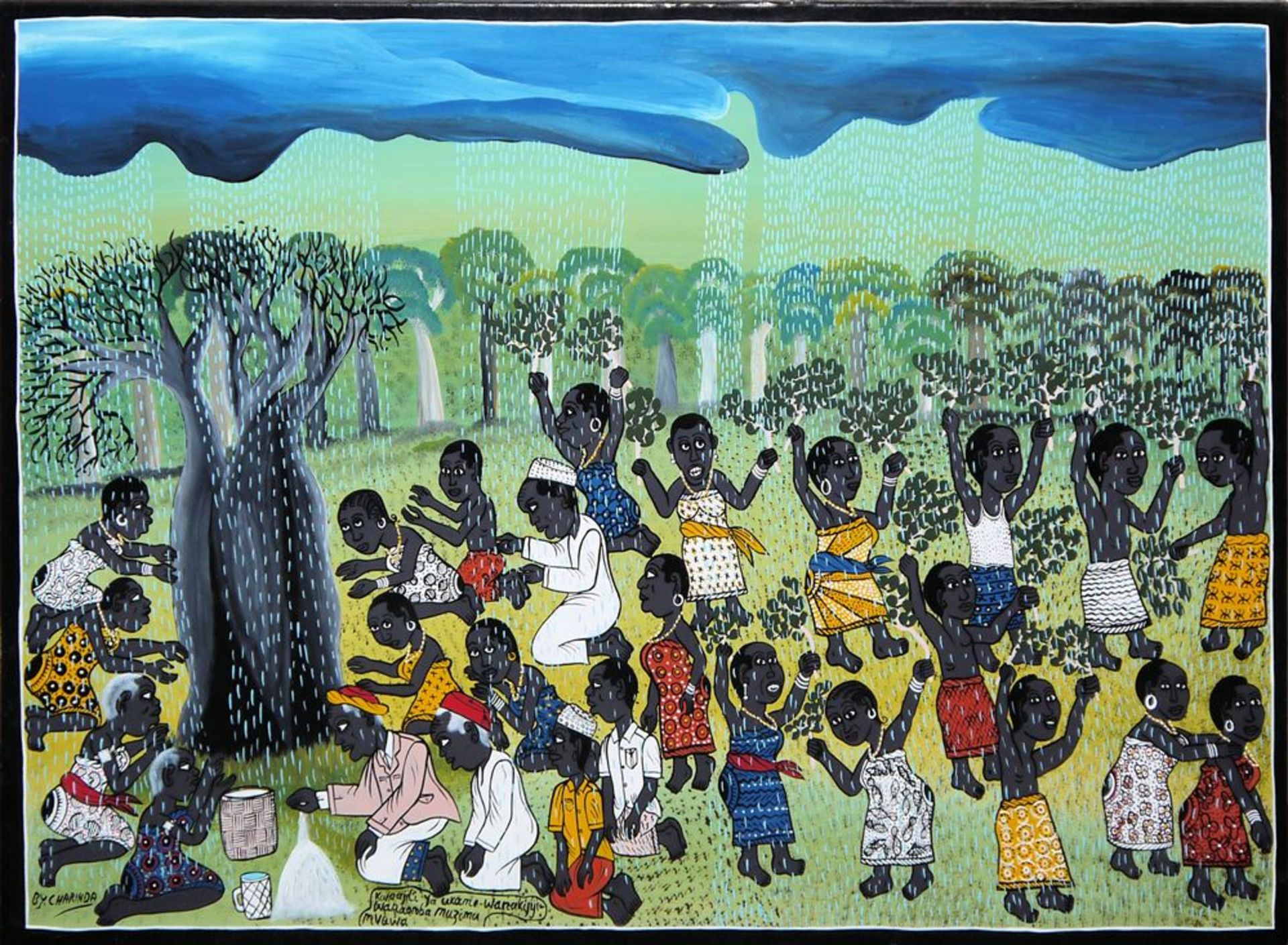 Mohamed Charinda ( African Contemporary "Tingatinga" Art ) , Regentanz, Ölgemäl