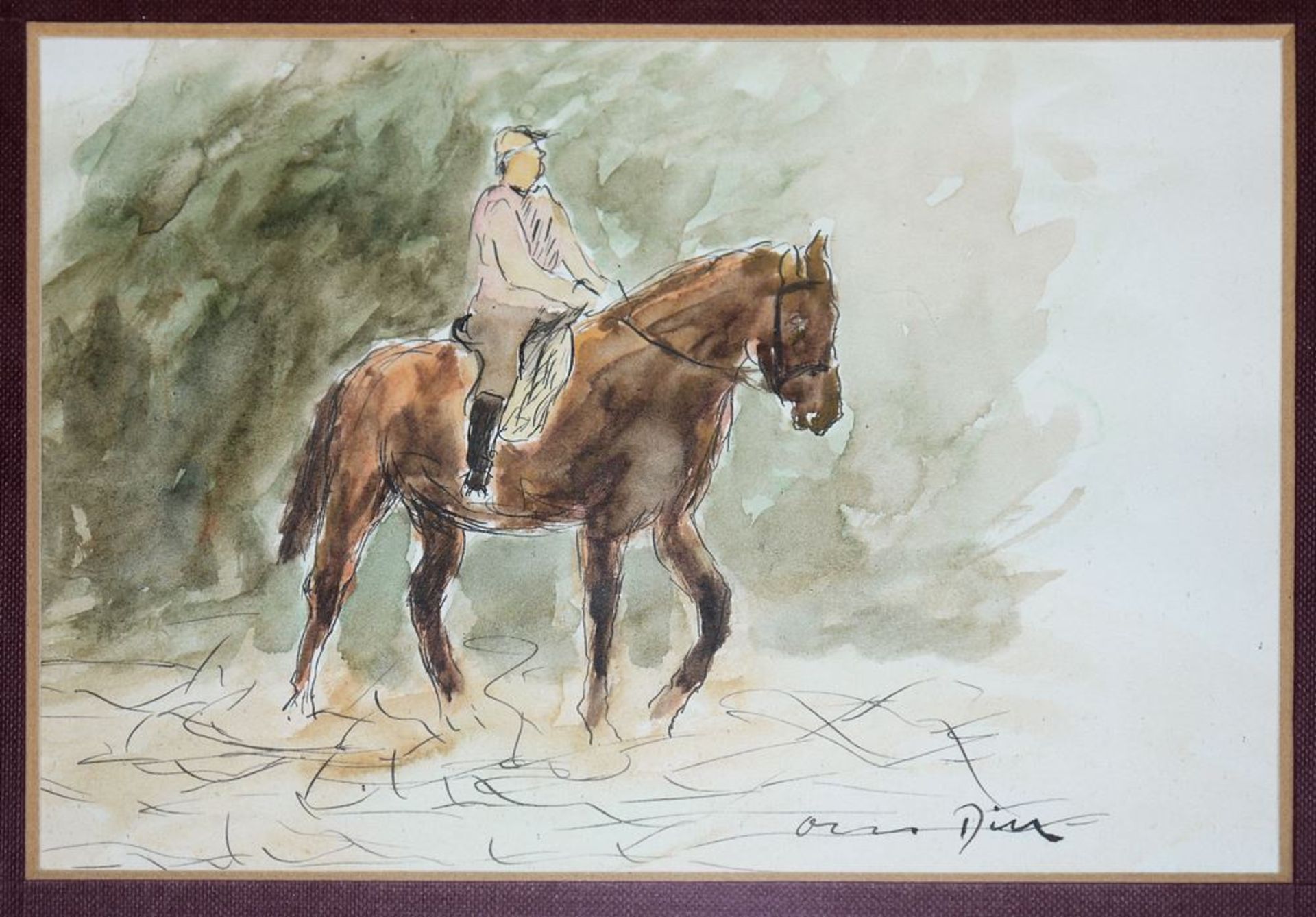 Otto Dill, Rennpferde, Reiter und Straße an Feldern und Gärten, drei Zeichnunge - Bild 2 aus 4