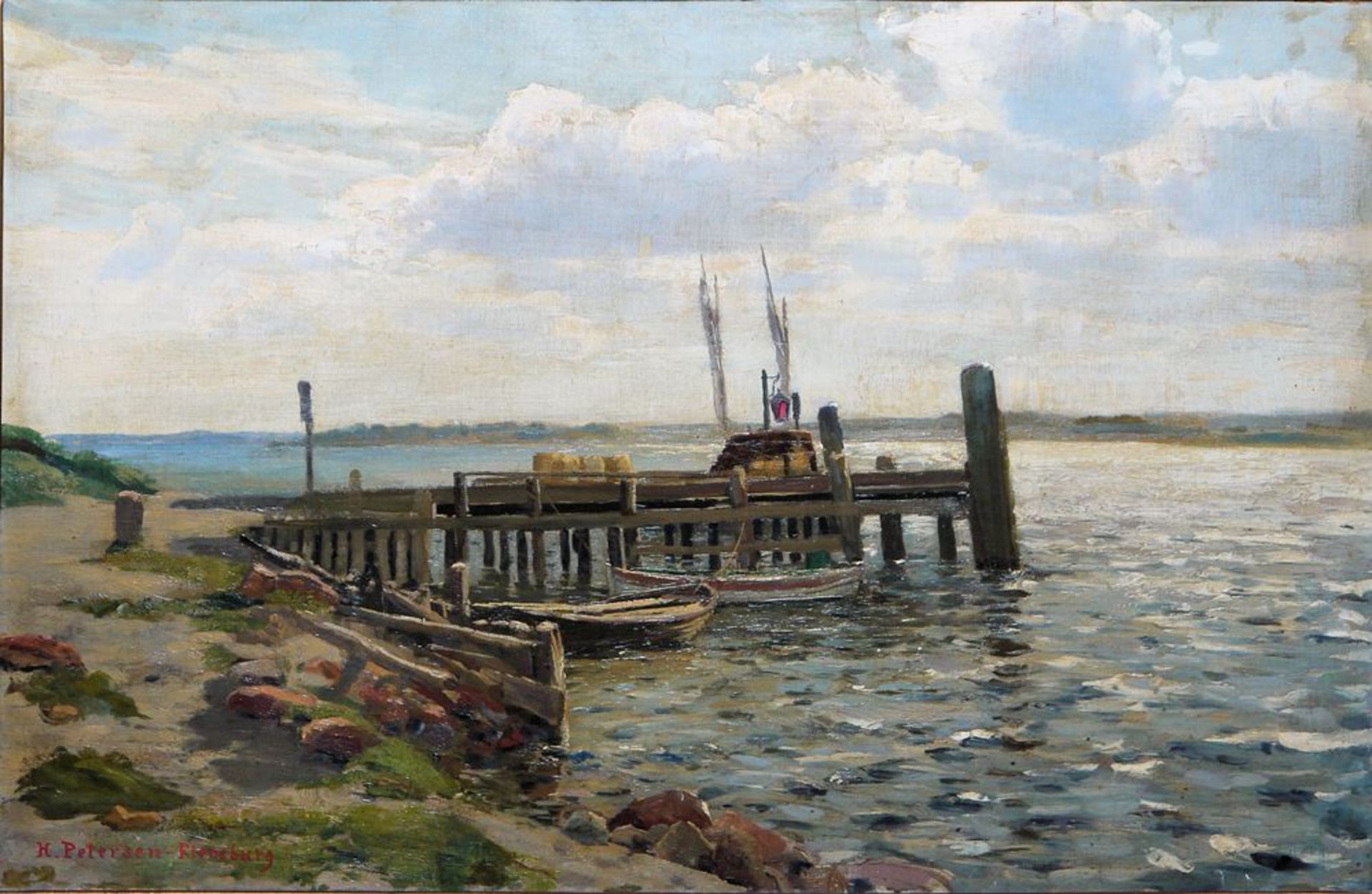 Heinrich Petersen-Flensburg, Küste mit Anlegesteg, Ölgemälde, im originalen Stu - Image 2 of 4