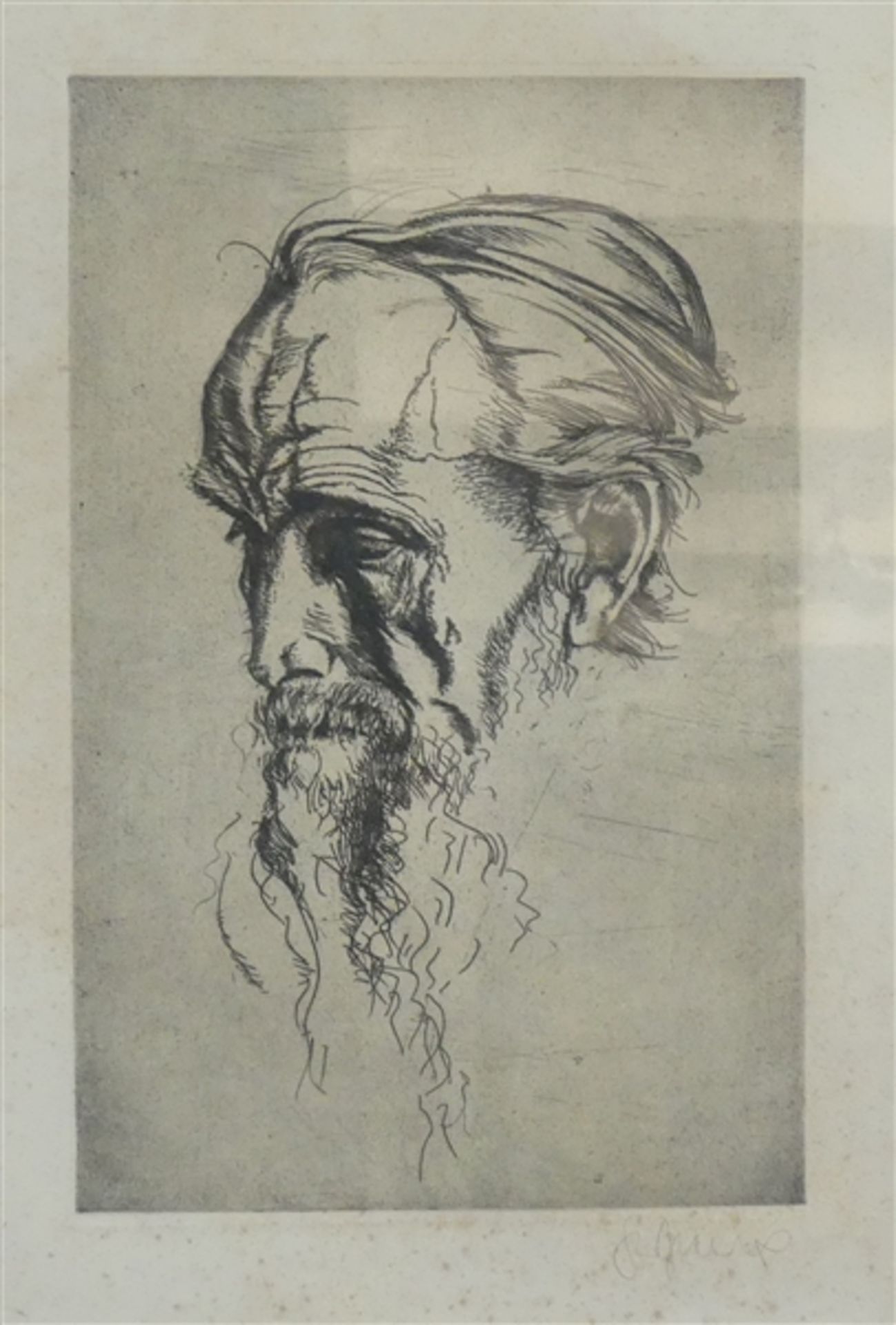 Radierung von Sepp Frank, Kopf des Michelangelo, signiert, stockfleckig, 41x25 cm, im Rahmen,