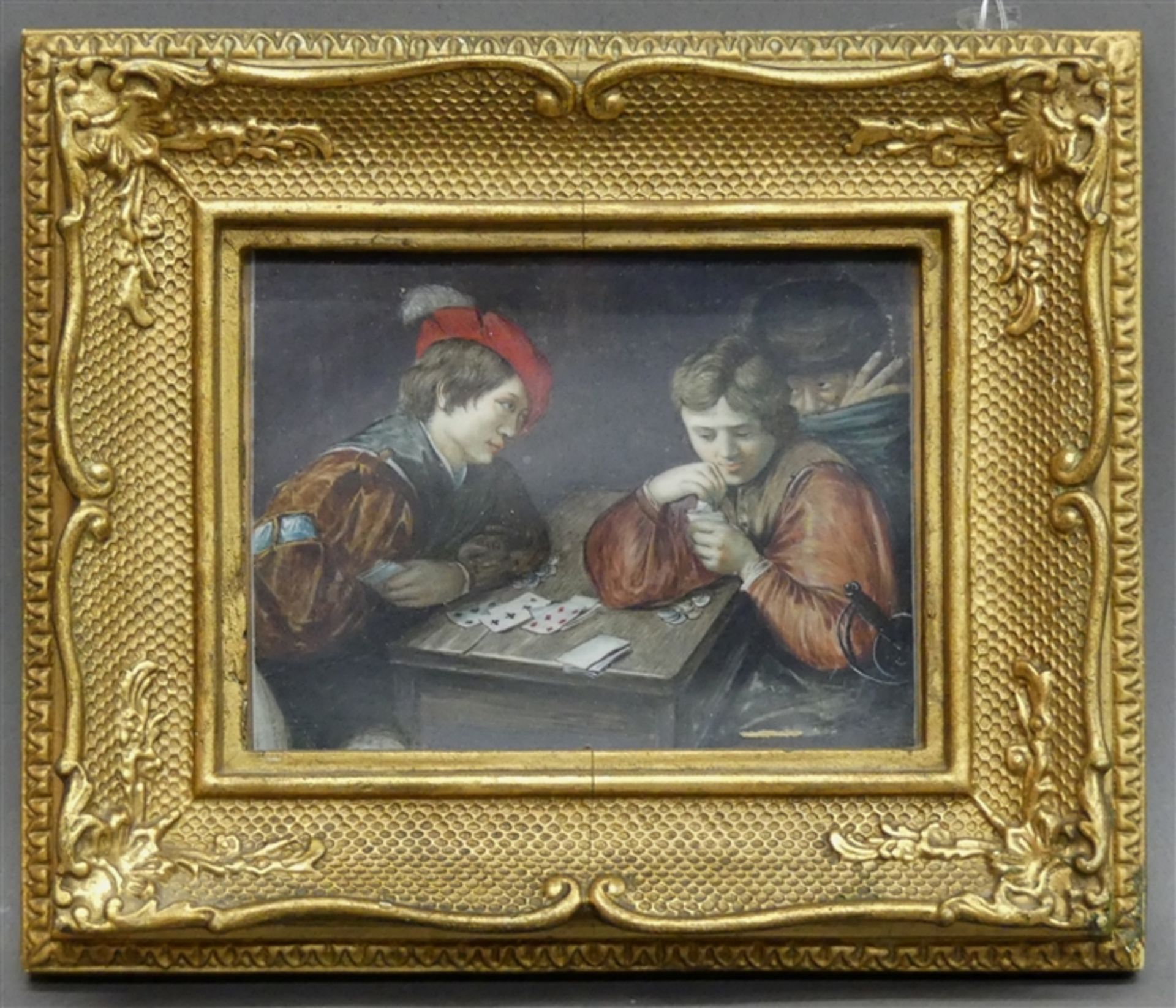 Miniatur, um 1900 auf Elfenbein, "Mittelalterliche Szene: 2 Männer beim Kartenspiel", 9x12 cm, im
