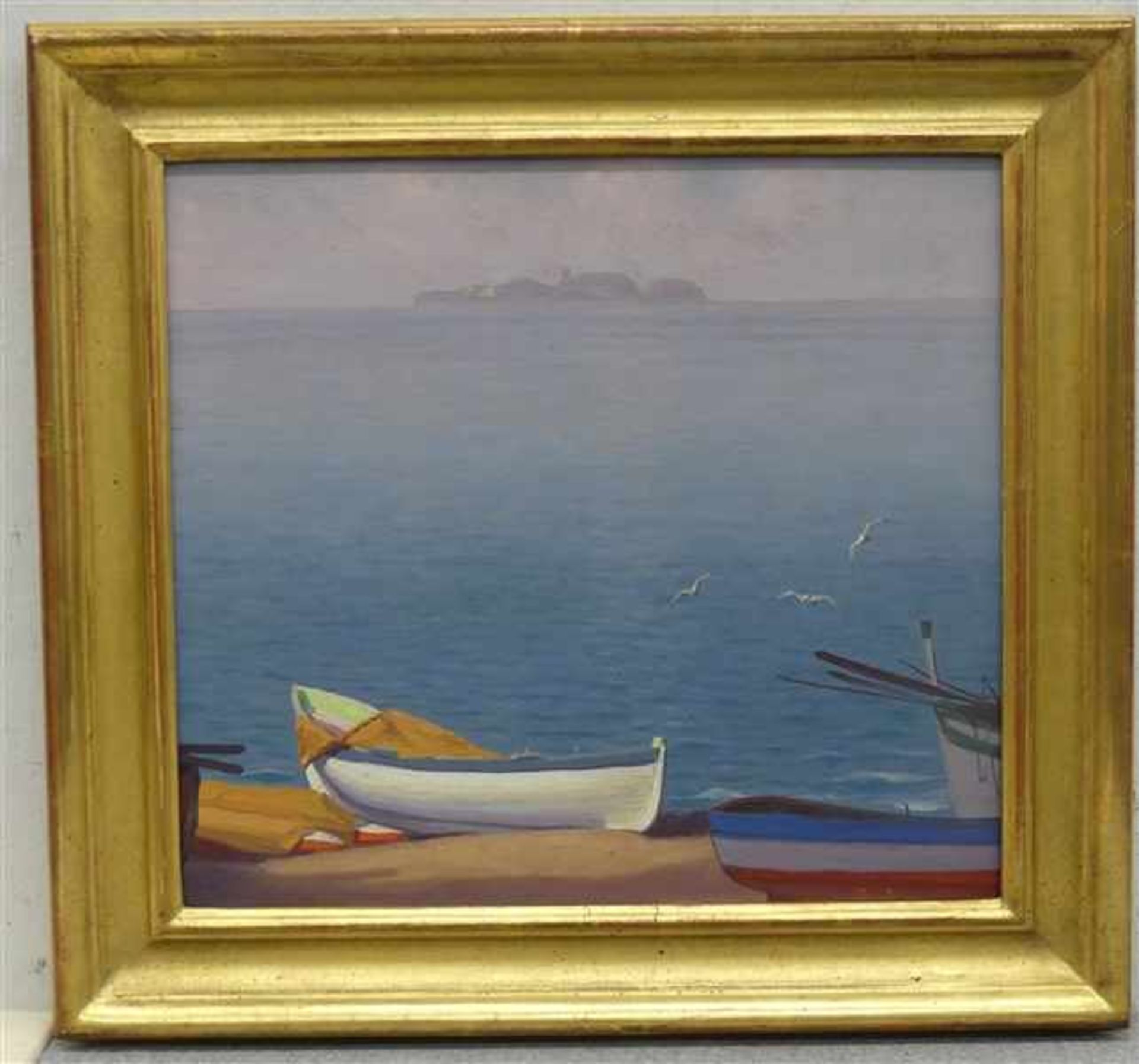 Impressionist, 20. Jh. Öl auf Holz, "Boote am Strand, im Hintergrund eine Insel", 32x35 cm, im - Image 2 of 2