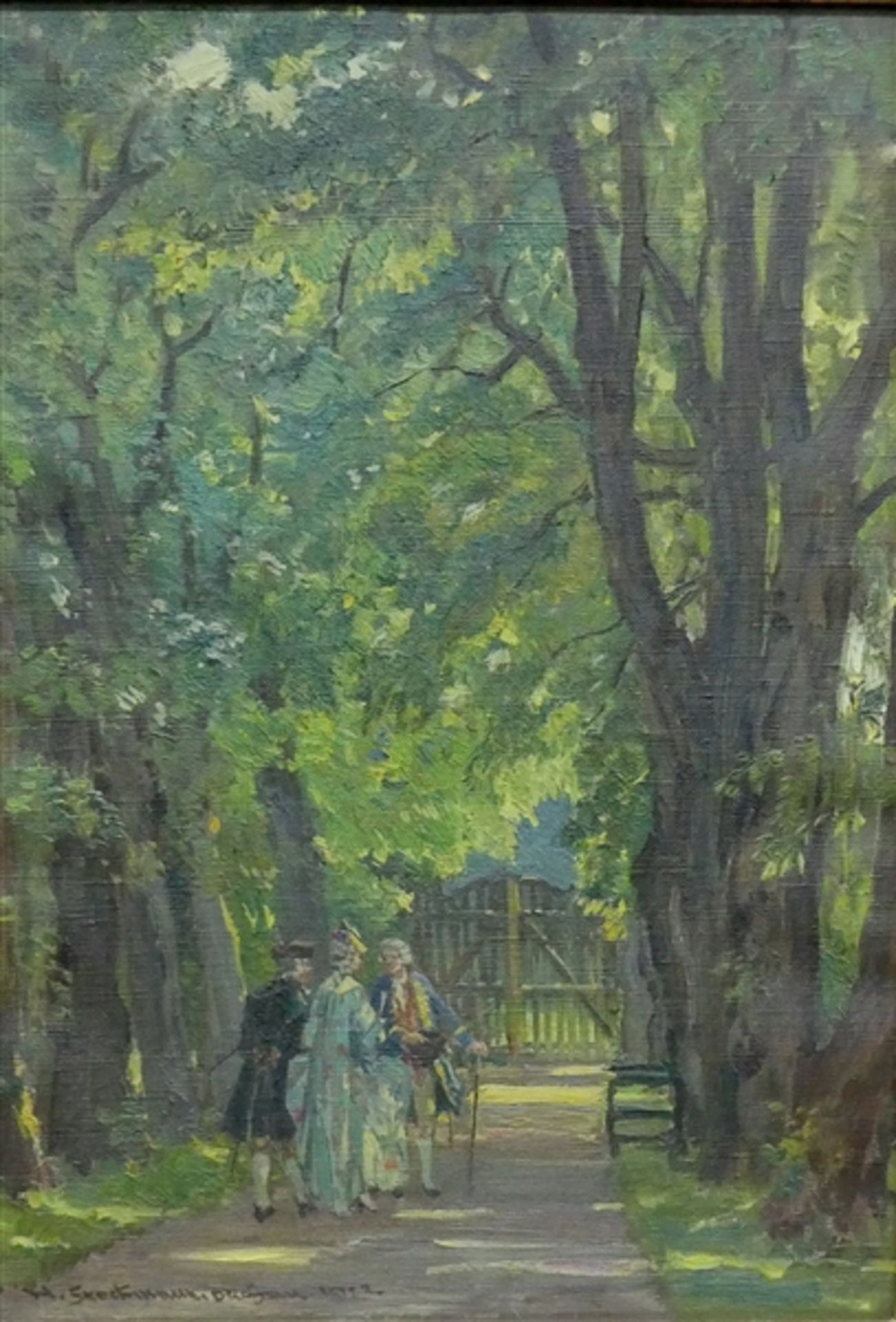 Stockmann, Hermann 1867 - 1938, Öl auf Leinen, vornehme Herrschaften beim Spaziergang im Park,