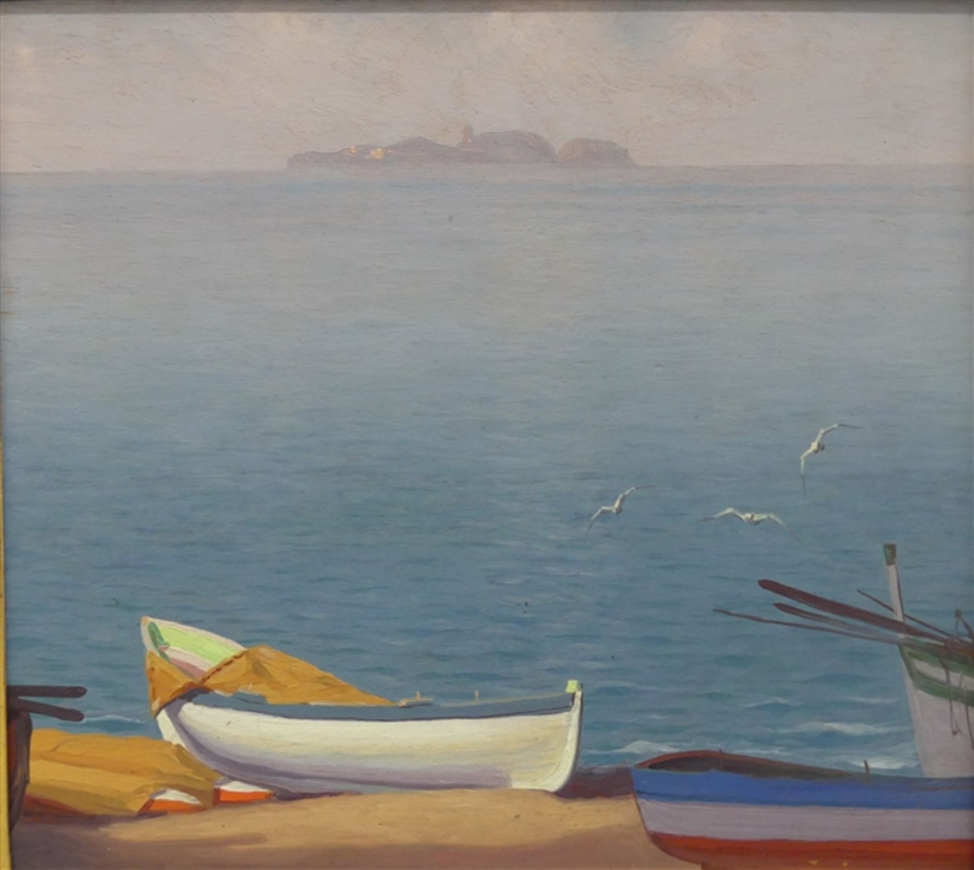 Impressionist, 20. Jh. Öl auf Holz, "Boote am Strand, im Hintergrund eine Insel", 32x35 cm, im