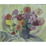 Moll, Evert 1878 - 1955, Öl auf Künstlerpappe, Herbstblumenstrauß in der Vase, rechts unten