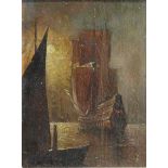 Marinemalerei, um 1900 Öl auf Karton, Segelschiffe im Hafen am Morgen, 19x14,5 cm,