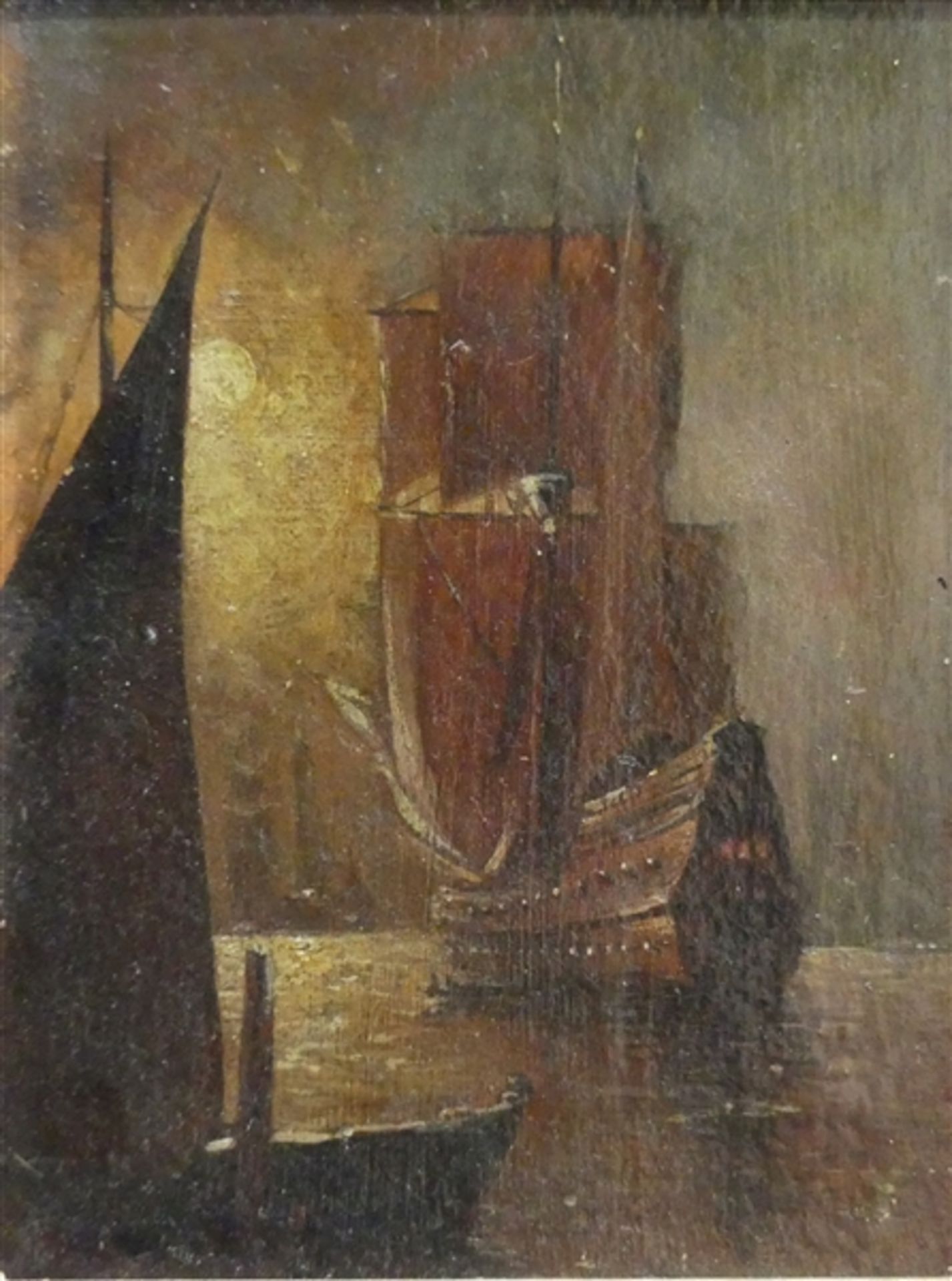 Marinemalerei, um 1900 Öl auf Karton, Segelschiffe im Hafen am Morgen, 19x14,5 cm,