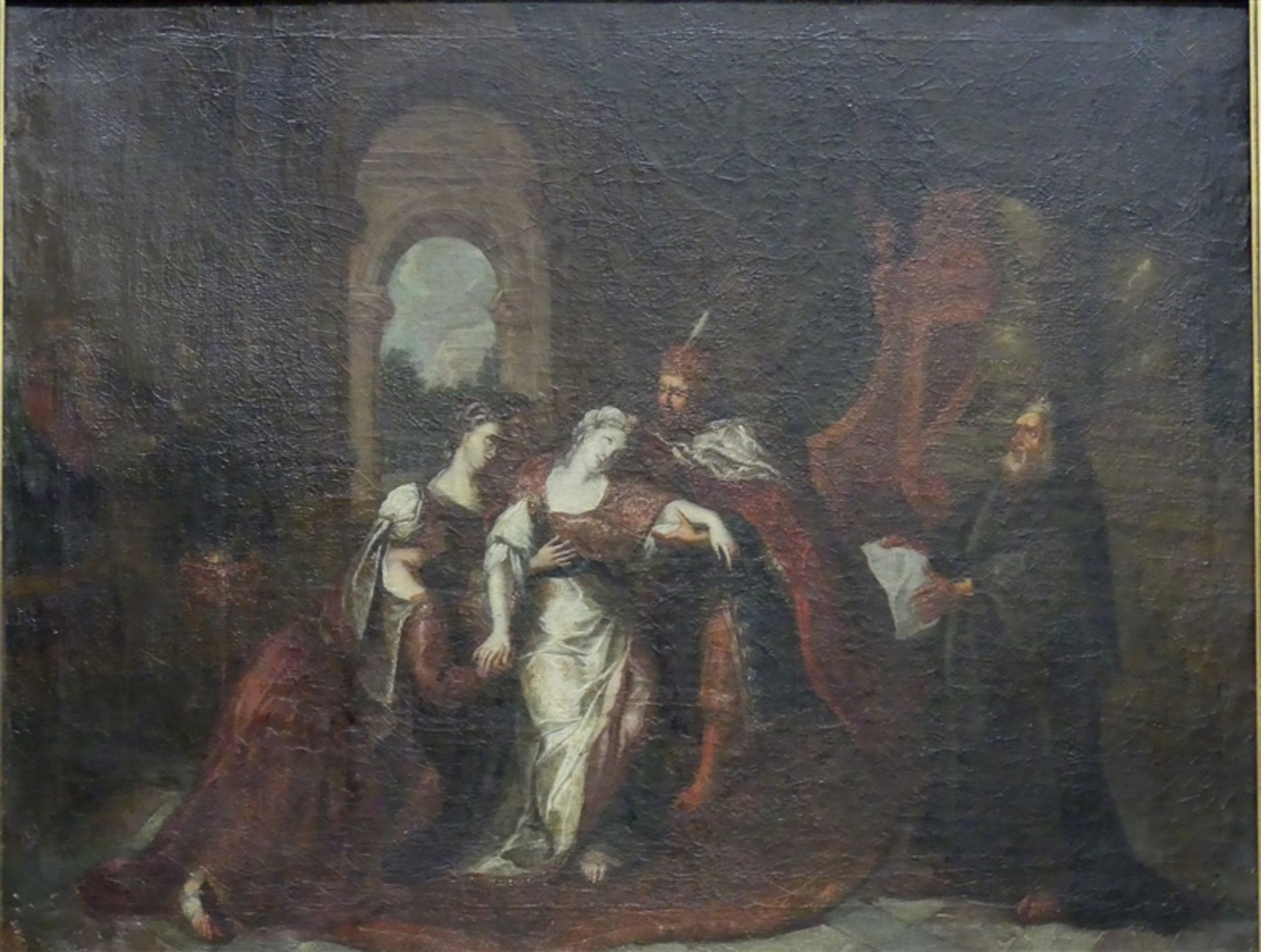 Deutsch, 18. Jh. Öl auf Leinen, doubliert, Esther und Ashaver im Palast, gute Arbeit, 71x90 cm, im