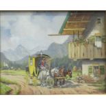 Rohrhirsch, Karl 1875 München - 1954 Greding, Öl auf Holz, "Postkutsche am Bauernhof", rechts unten