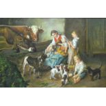 Unbekannt Öl auf Leinen, Mutter mit Kindern und Hunden im Stall, neuzeitlich, 60x90 cm, im Rahmen,