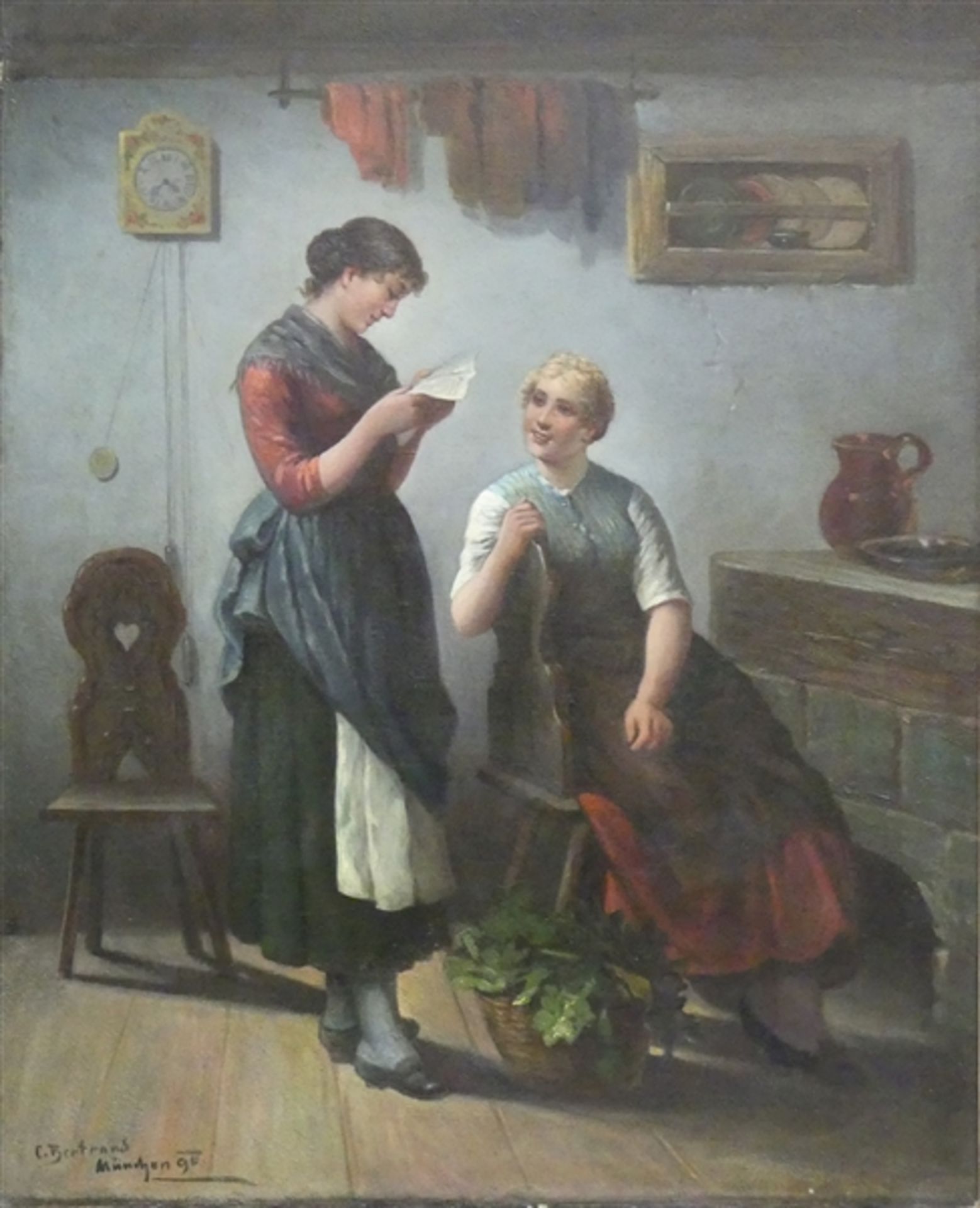 Bertrand, C. Münchner Genremaler, 19. Jh., Öl auf Leinen, Zwei Bäuerinnen in der Küchenstube, beim