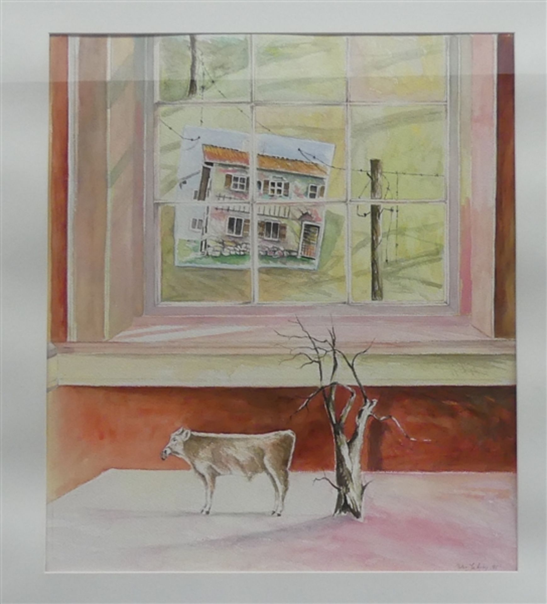 Jakoby, Peter (19)95 Aquarell auf Papier, Stier vor einem Fenster mit einem Bauernhaus, rechts