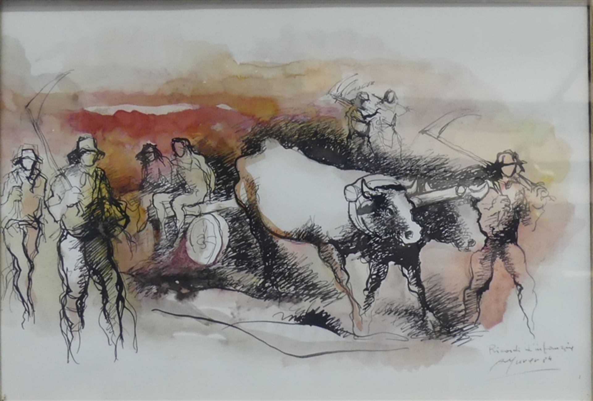 Murer, Augusto 1922 - 1985, Farblithographie, Bauern beim Heimweg mit dem Ochsenkarren, rechts