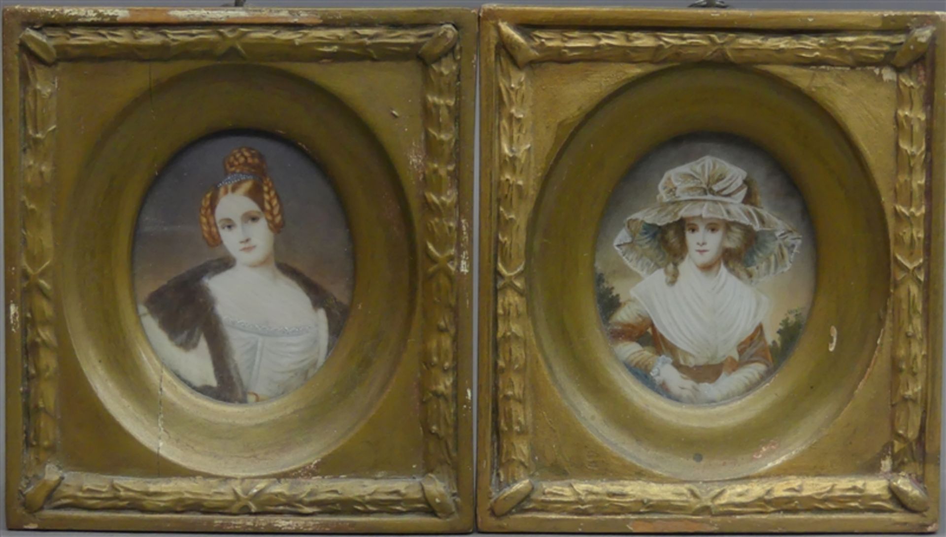 Paar Miniaturen auf Elfenbein, gemalt, 1x Caroline Gräfin von Holstein, 1x Madame Brummond, oval,