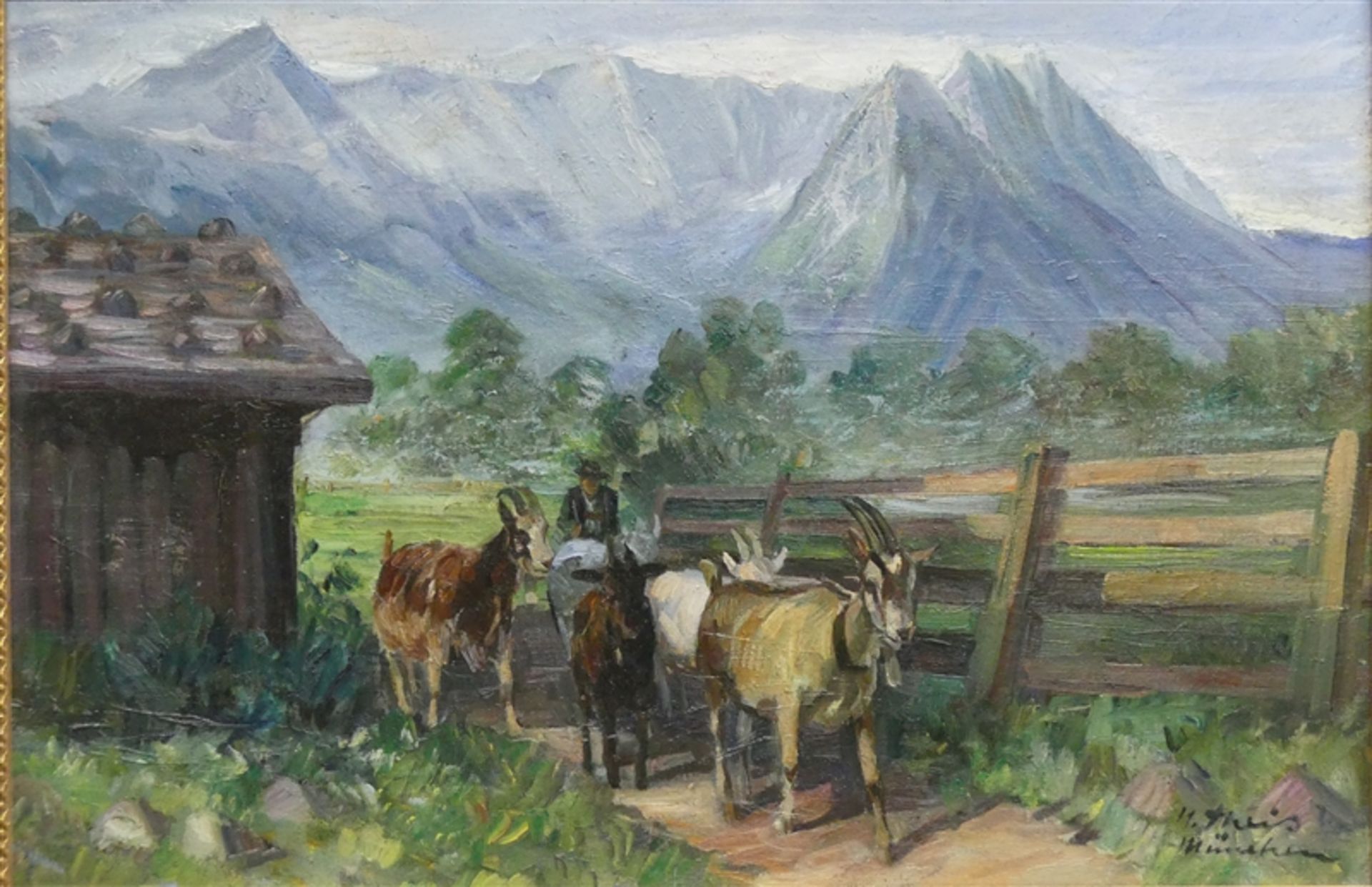 Theis, Heinz 1894 - 1966, Öl auf Leinen, Ziegen mit Hirten in Voralpenlandschaft, rechts unten