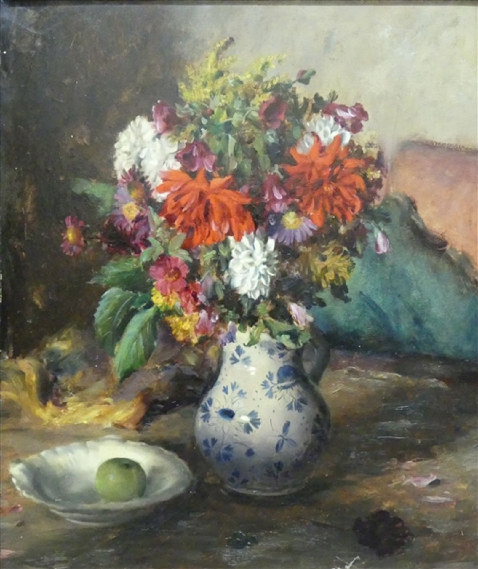 Rimboeck, Max 1890 - 1956, Öl auf Karton, bunter Blumenstrauß in Porzellanvase, daneben ein Apfel