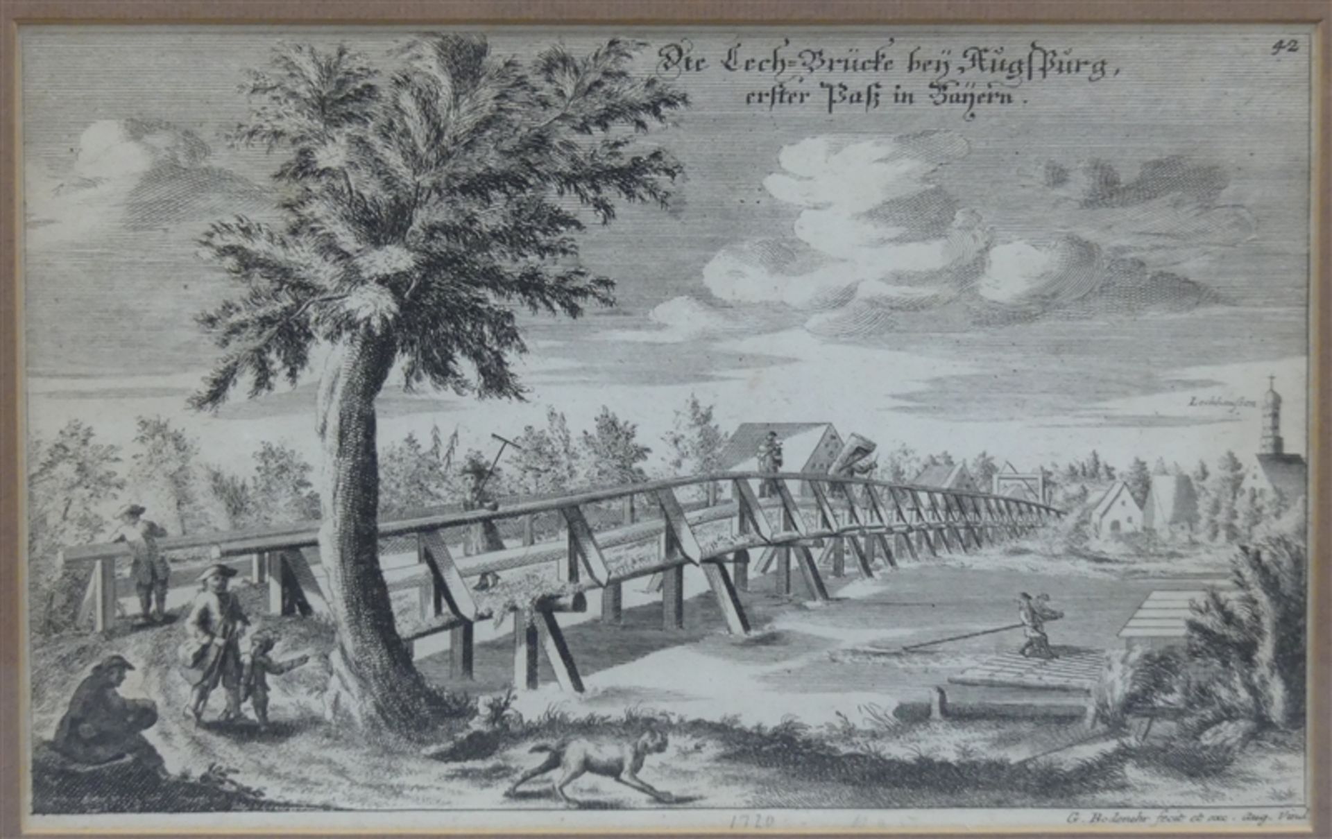 Kupferstich Die Lech-Brücke bey Augsburg erster Paß in Bayern, Gabriel Bodenehr, 18 x 28,5 cm, im