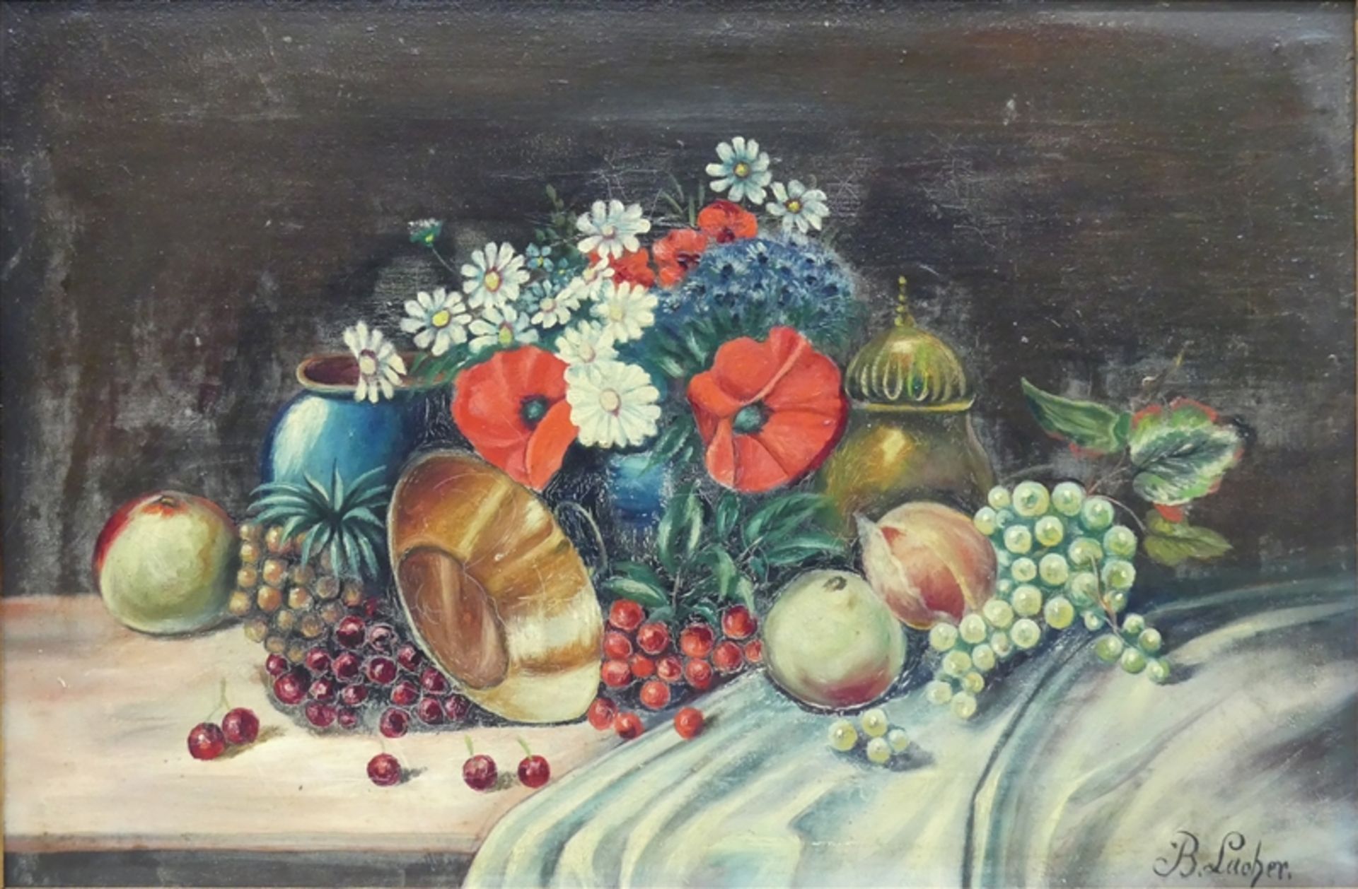 Lacher, B. Öl auf Leinen, Stillleben mit Blumen und Früchten, rechts unten signiert, 30x45 cm,