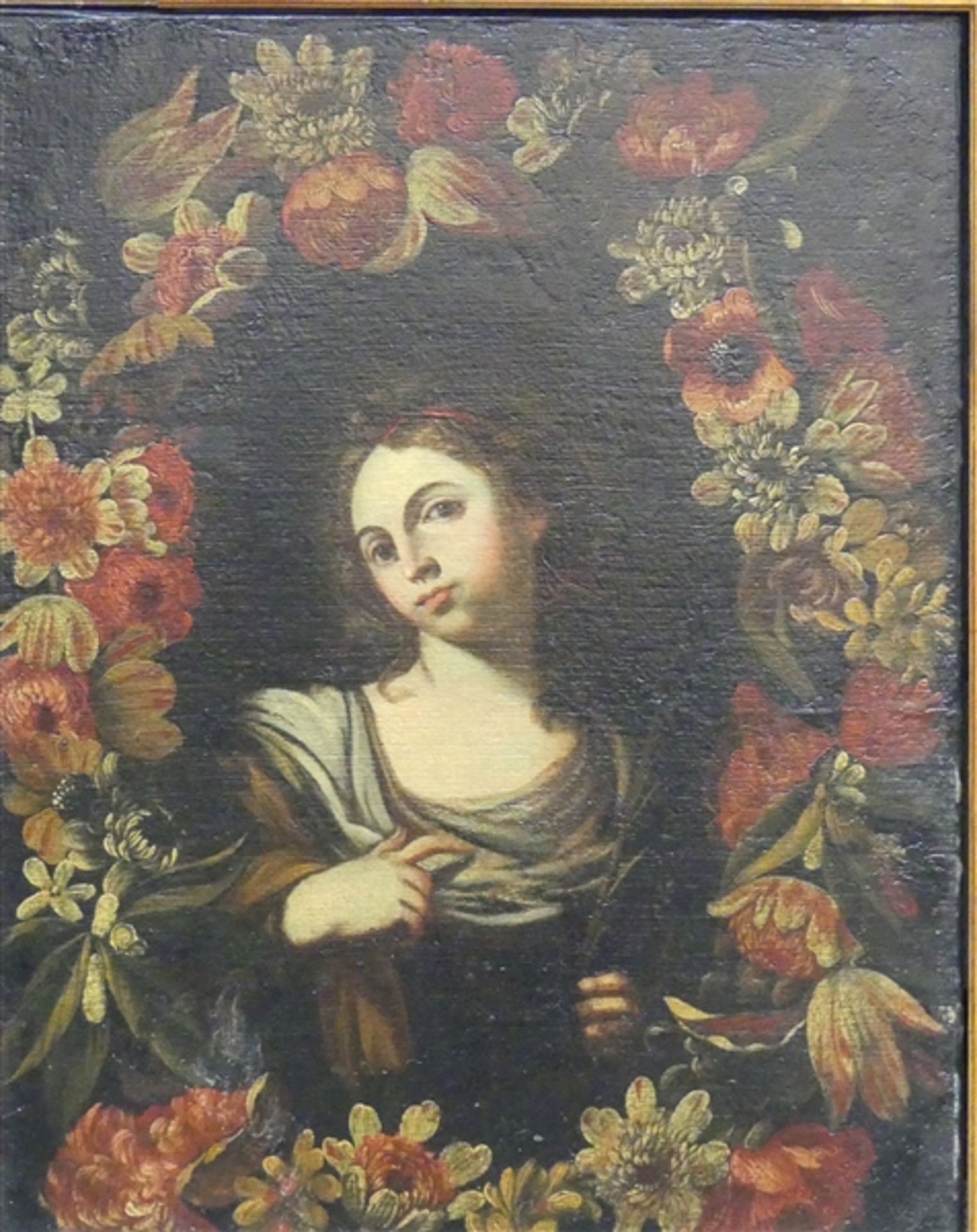 Deutsch, 18./19. Jh. Öl auf Leinen, doubliert, "Madonna im Blumenkranz", 60x46 cm, im Rahmen,