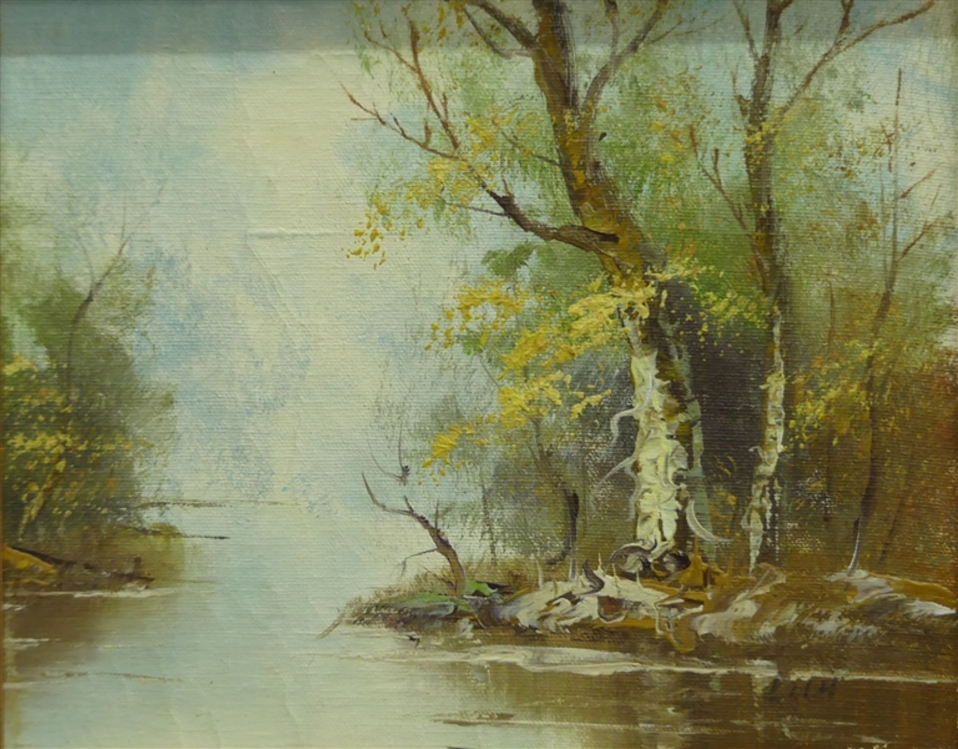 Holm Öl auf Leinen, Waldlandschaft mit einem Fluss, rechts unten signiert, 20. Jh., 21x26 cm, im