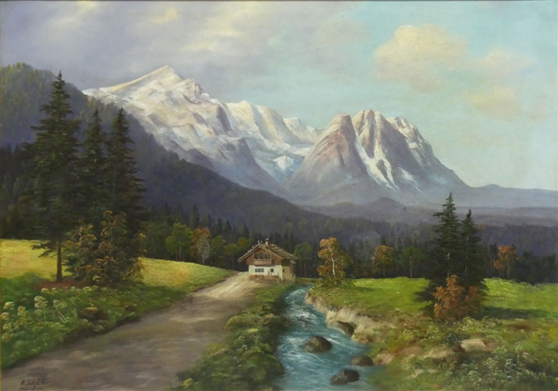 Schüler, Hans 1908 - 1941, Öl auf Leinen, Oberbayerische Gebirgslandschaft mit Haus und Bach, links