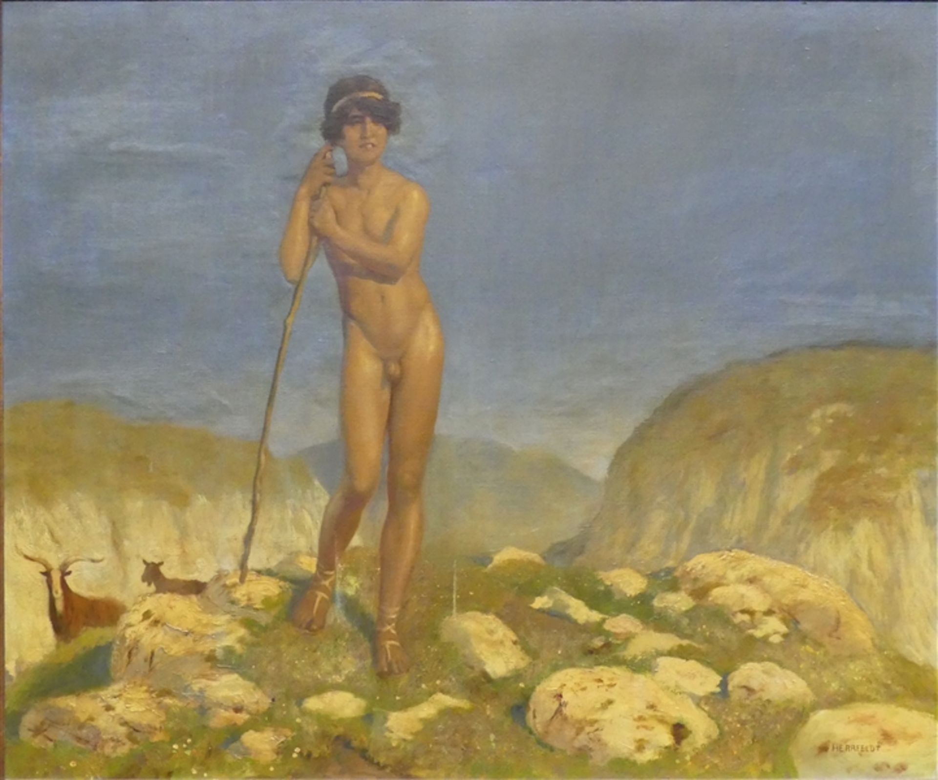 Herrfeldt, Marcel Rene 1889 - 1965, Öl auf Leinen, nackter griechischer Ziegenhirte auf steinigem